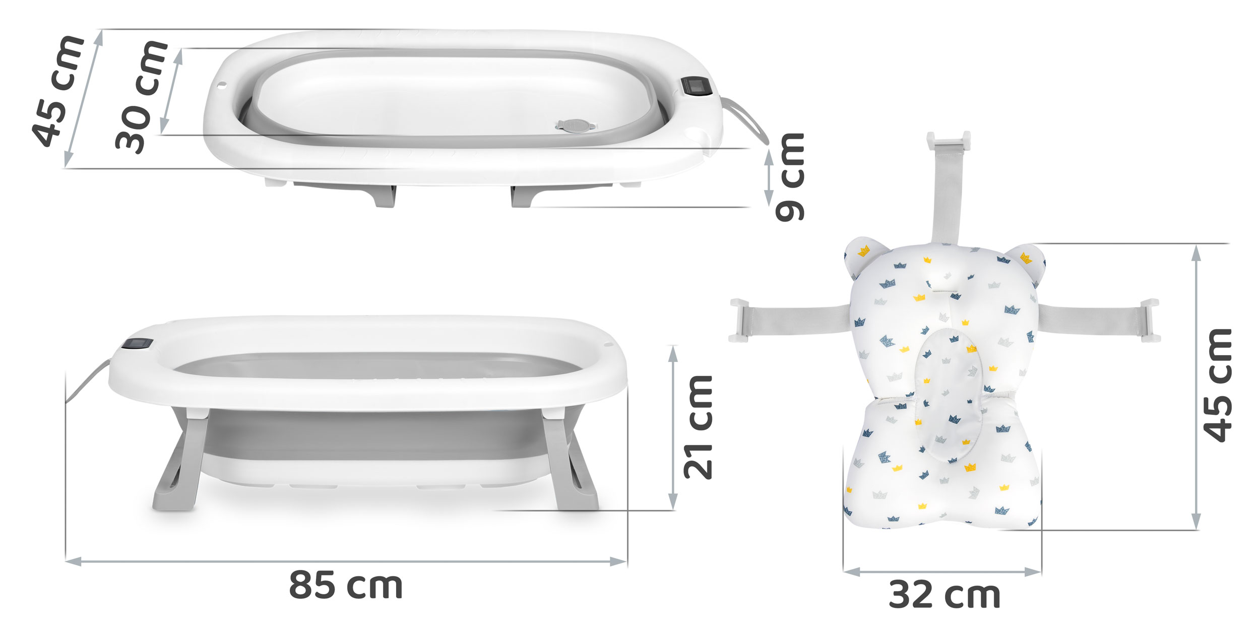Składana wanienka dla dziecka w kolorze białym i szarym z wymiarami. Pokazano również białe i wzorzyste podparcie do wanienki dla dziecka.