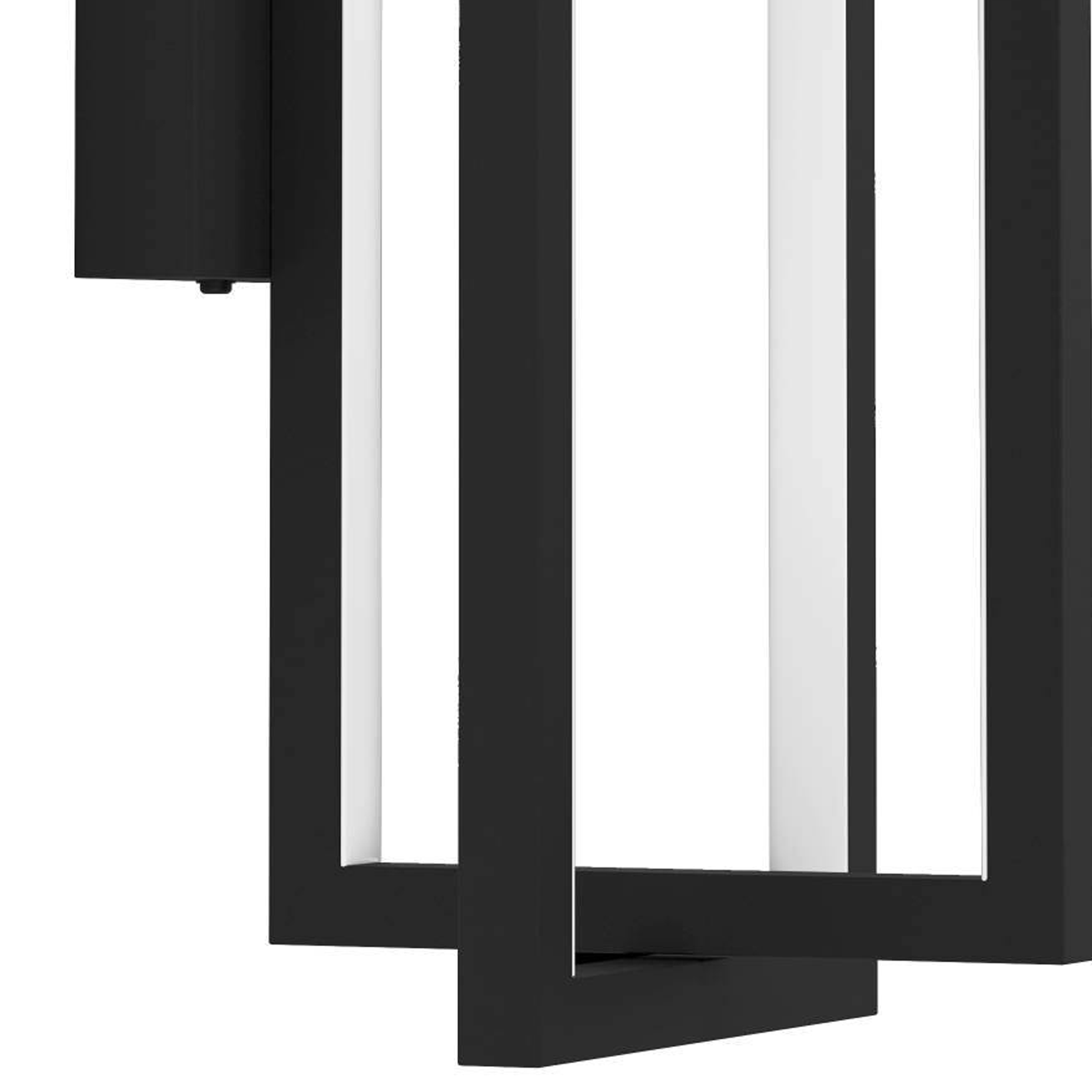 Eine schwarze Außenleuchte mit rechteckigem Design und vertikalen weißen Lichtelementen.