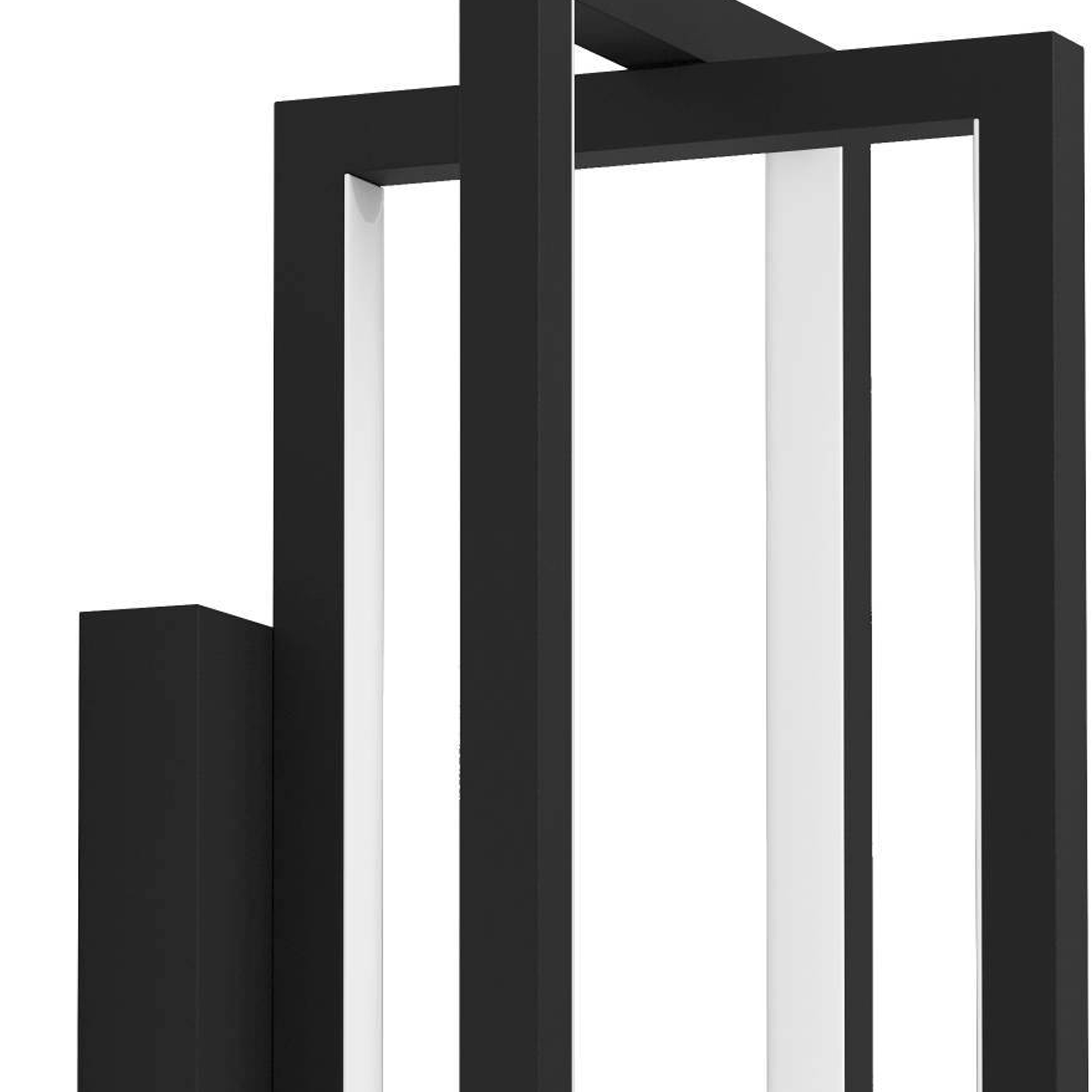 Nahaufnahme eines modernen schwarzen Architekturdesigns mit weißen vertikalen Räumen. Der Rahmen ist geometrisch.