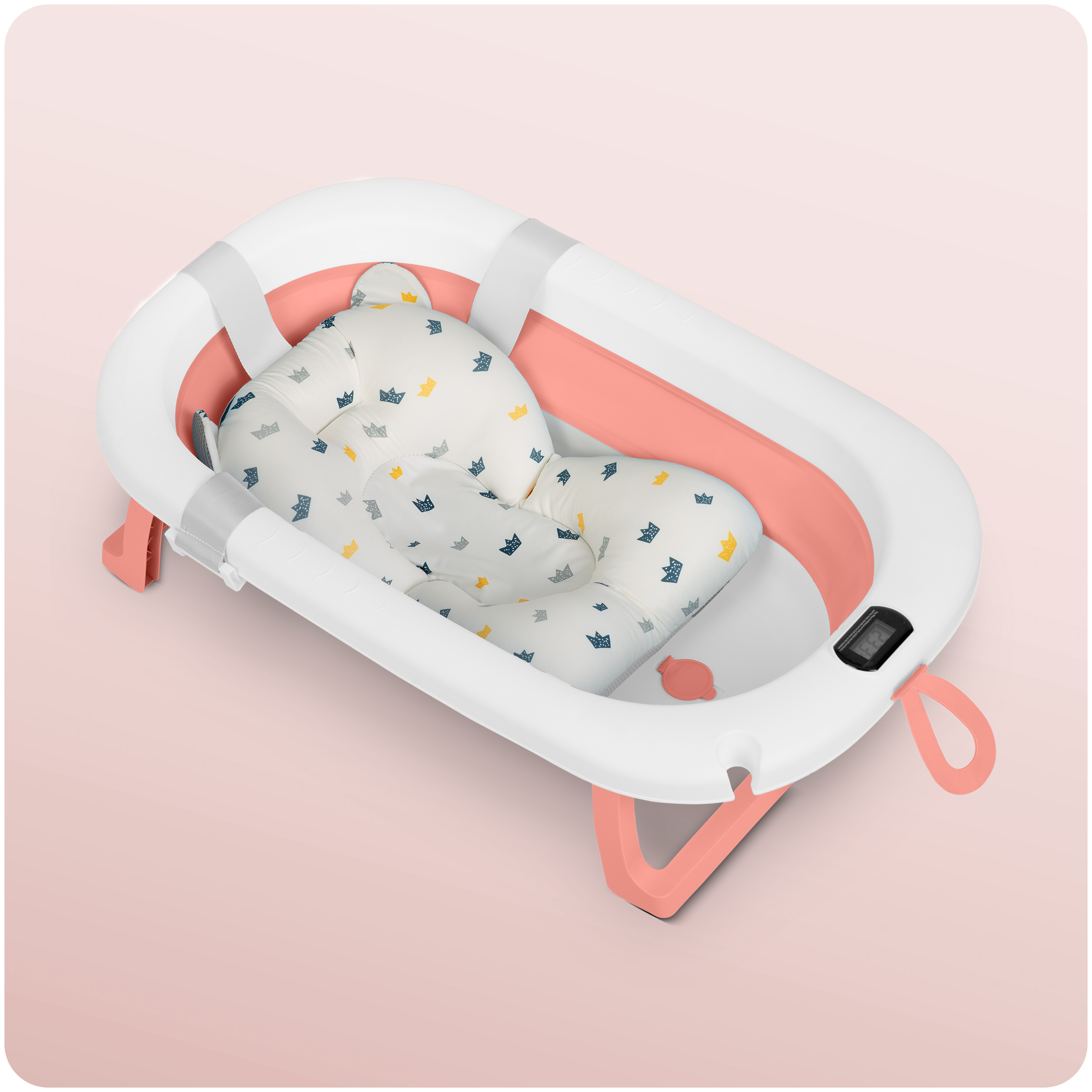 Wanienka dla dziecka w kolorach białym i różowym. Posiada wzorzystą poduszkę i wagę. Tło to gradient.