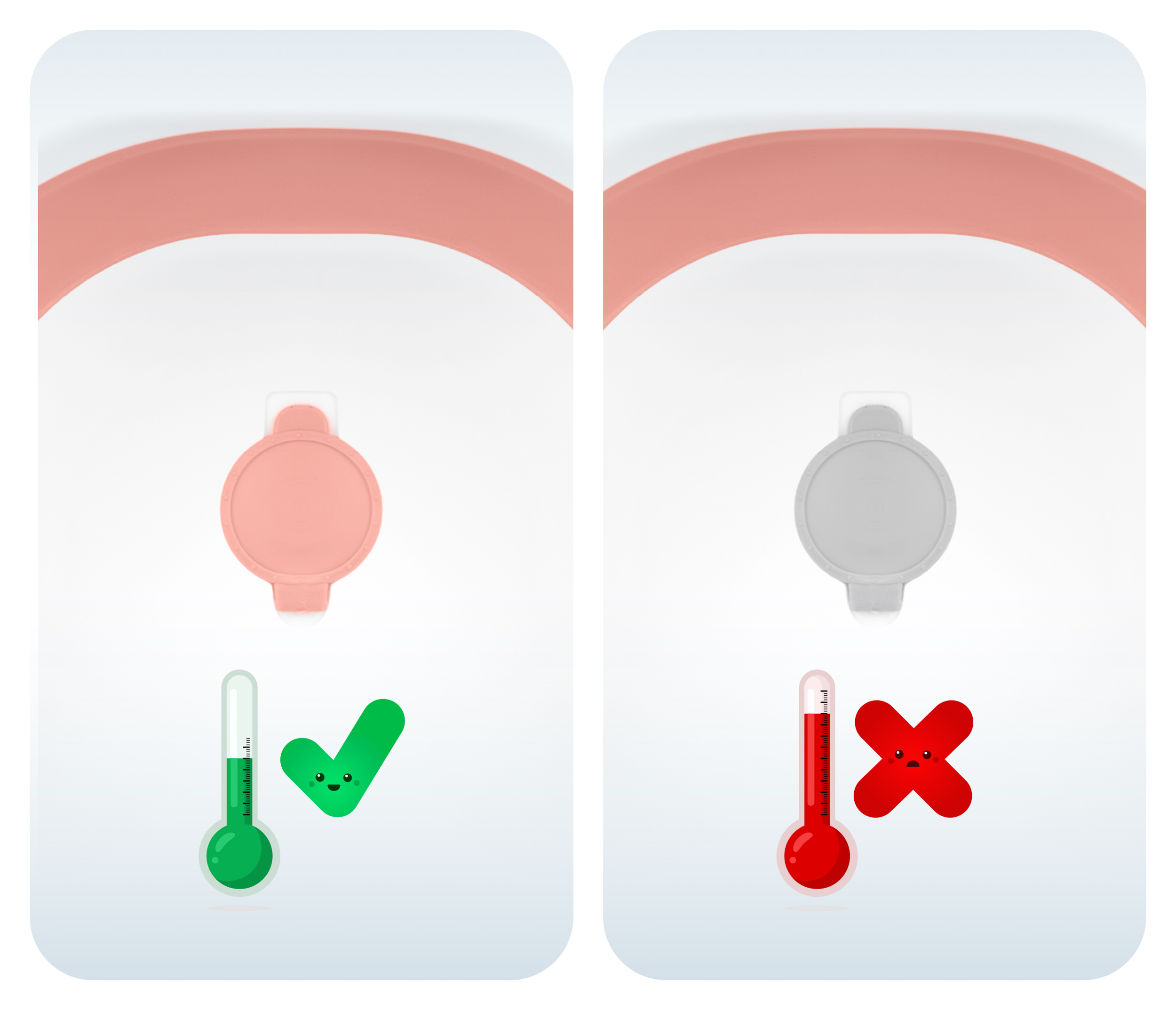 Obraz pokazuje dwie strony. Po lewej, różowa pokrywa, zielony termometr i haczyk. Po prawej, szara pokrywa, czerwony termometr i krzyż.
