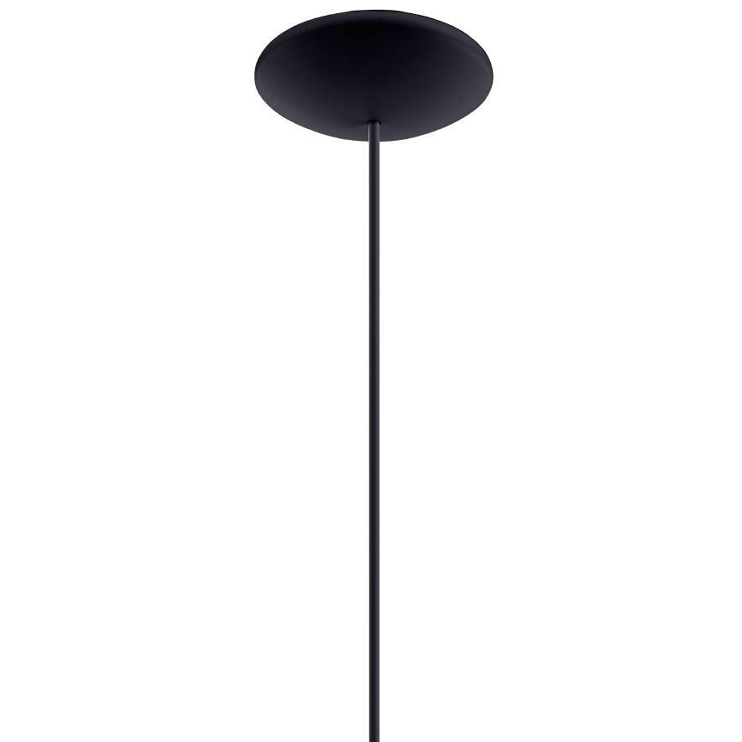 Un apparecchio di illuminazione a soffitto nero. Ha una base circolare collegata a un'asta lunga e sottile.