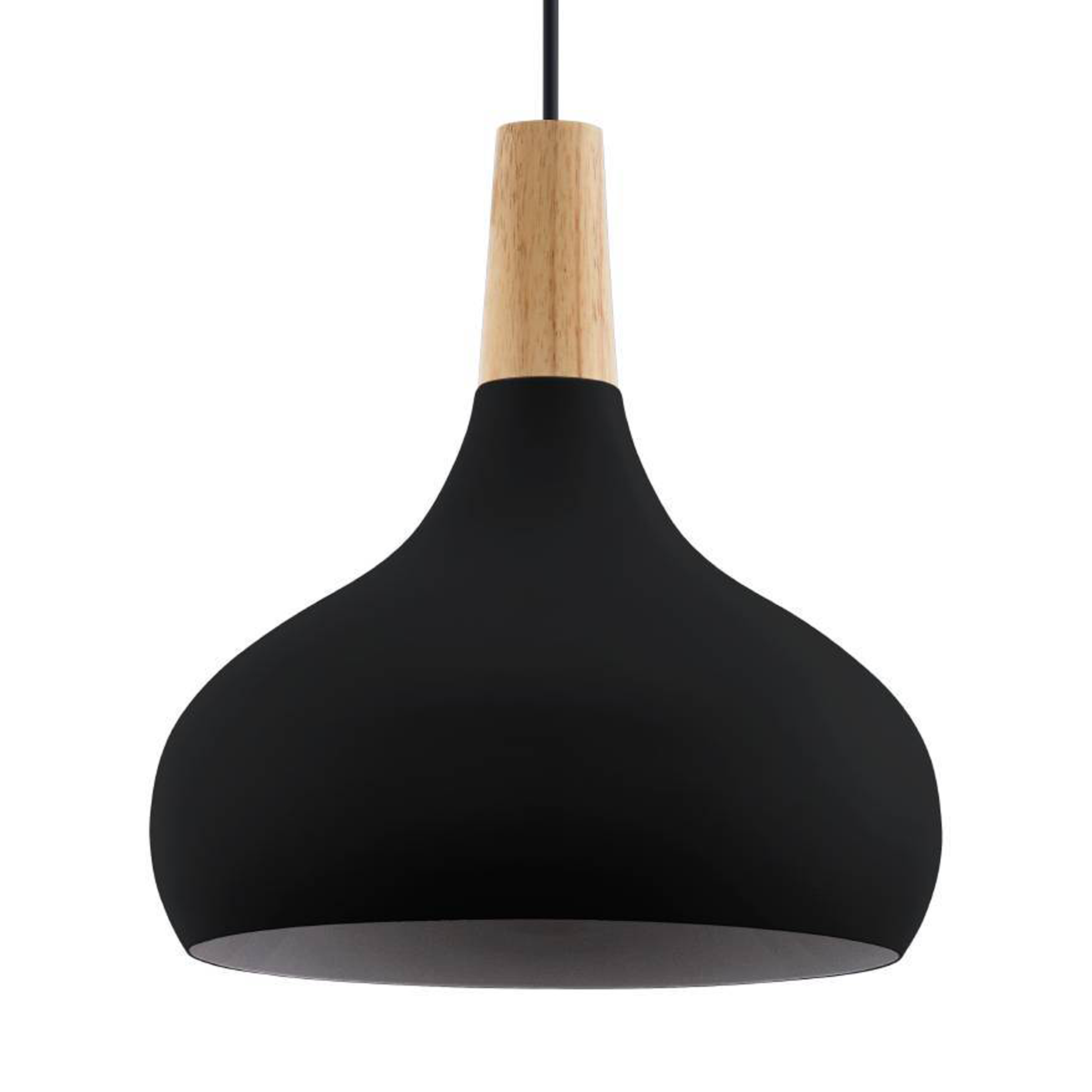 Una lampada a sospensione nera con la parte superiore in legno è appesa su uno sfondo bianco. La lampada ha la forma di una goccia.