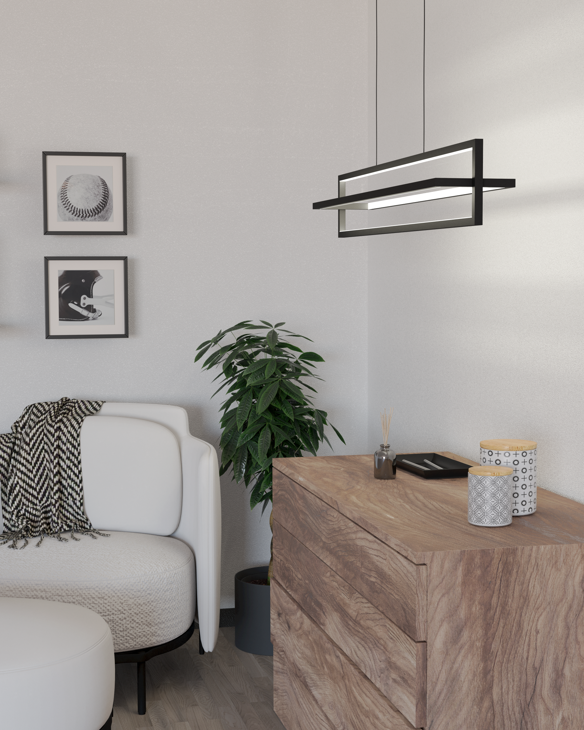 Ein Wohnzimmer mit weißem Sofa, Bildern, Holzschrank und grüner Pflanze. Eine moderne Leuchte ist sichtbar.