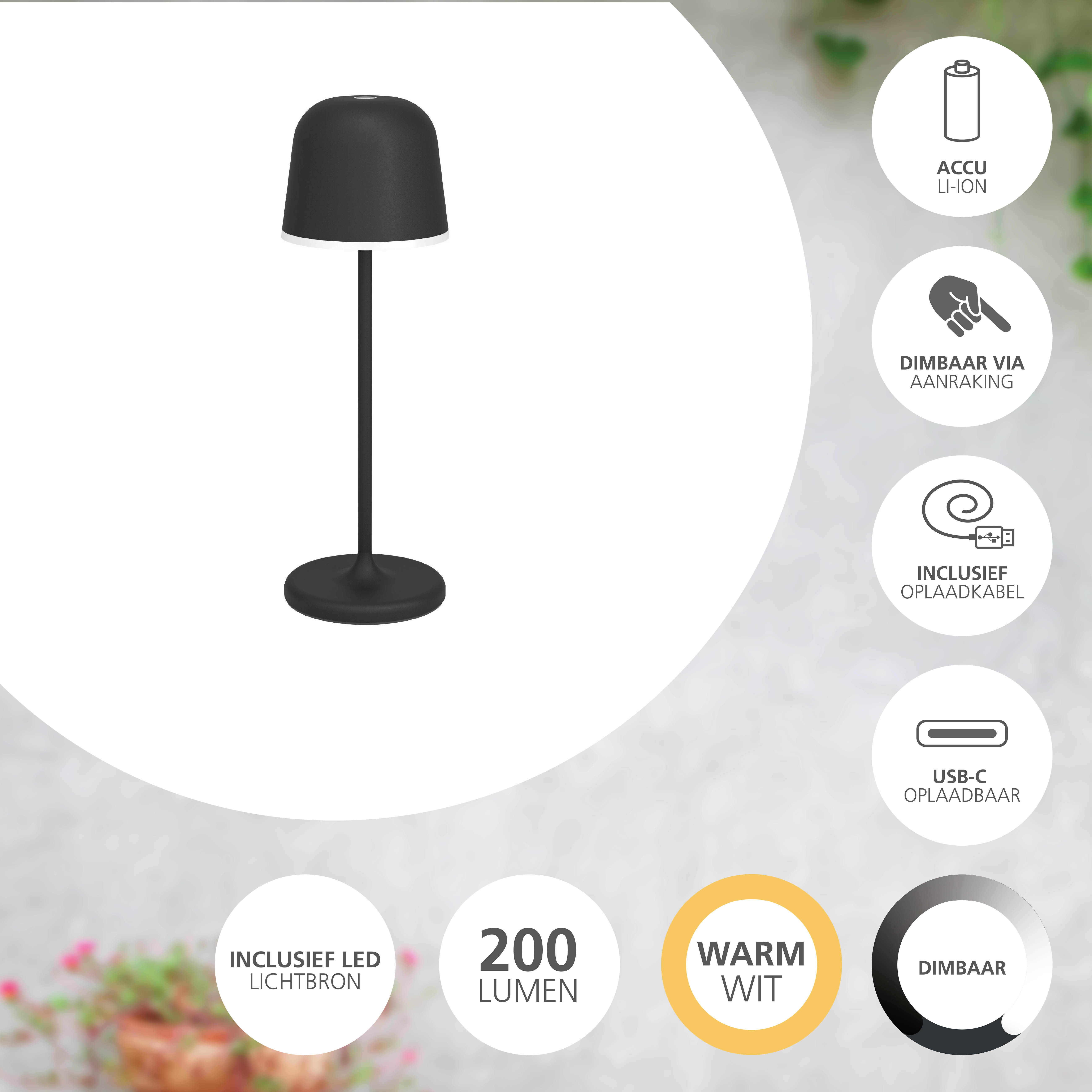 Eine schwarze Tischlampe mit rundem Fuß, hohem Stiel und Lampenschirm. Verschiedene Symbole zeigen Funktionen und Spezifikationen.