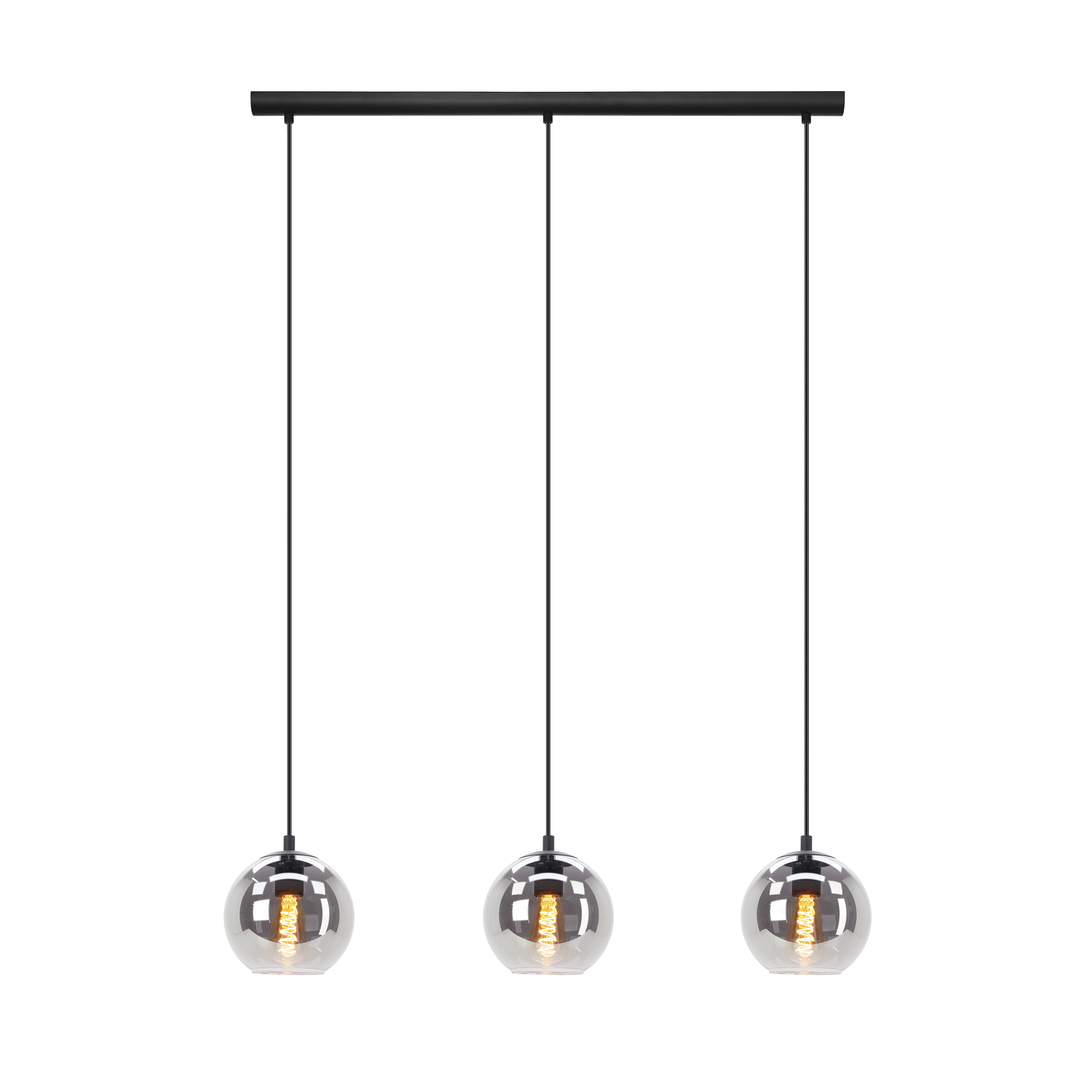 Tre lampade a sospensione con paralumi sferici e lampadine visibili appese a una barra nera.
