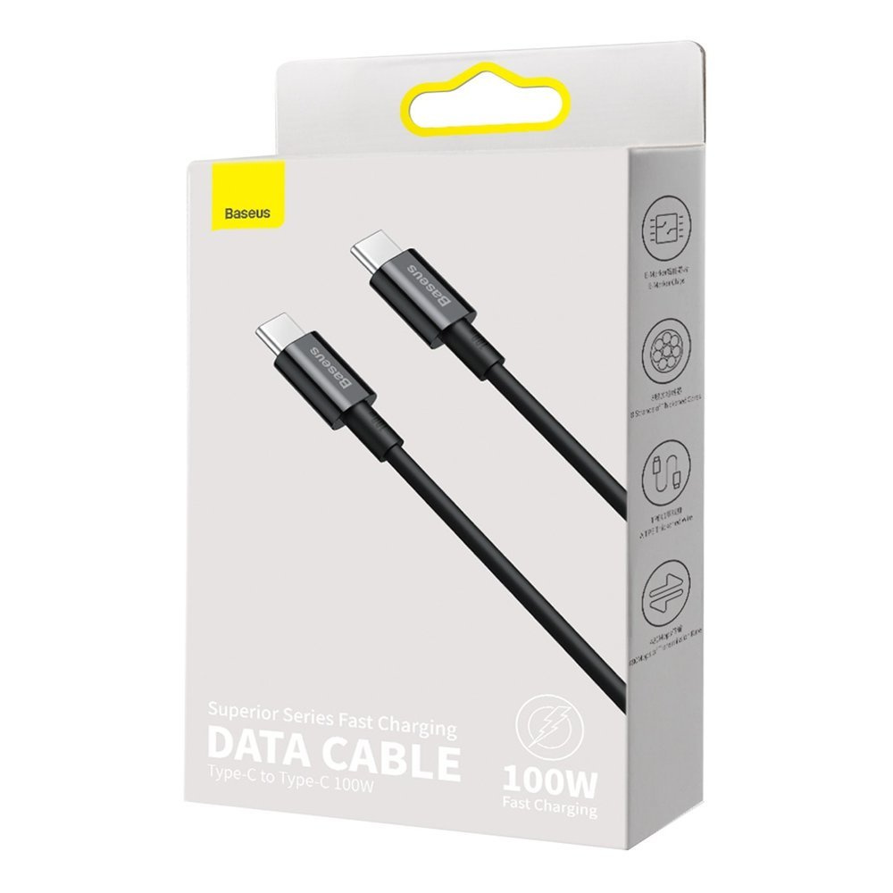 Opakowanie kabla danych Baseus. Pudełko pokazuje dwa czarne kable USB-C. Tekst zawiera 'Data Cable 100W' i 'Fast Charging'.