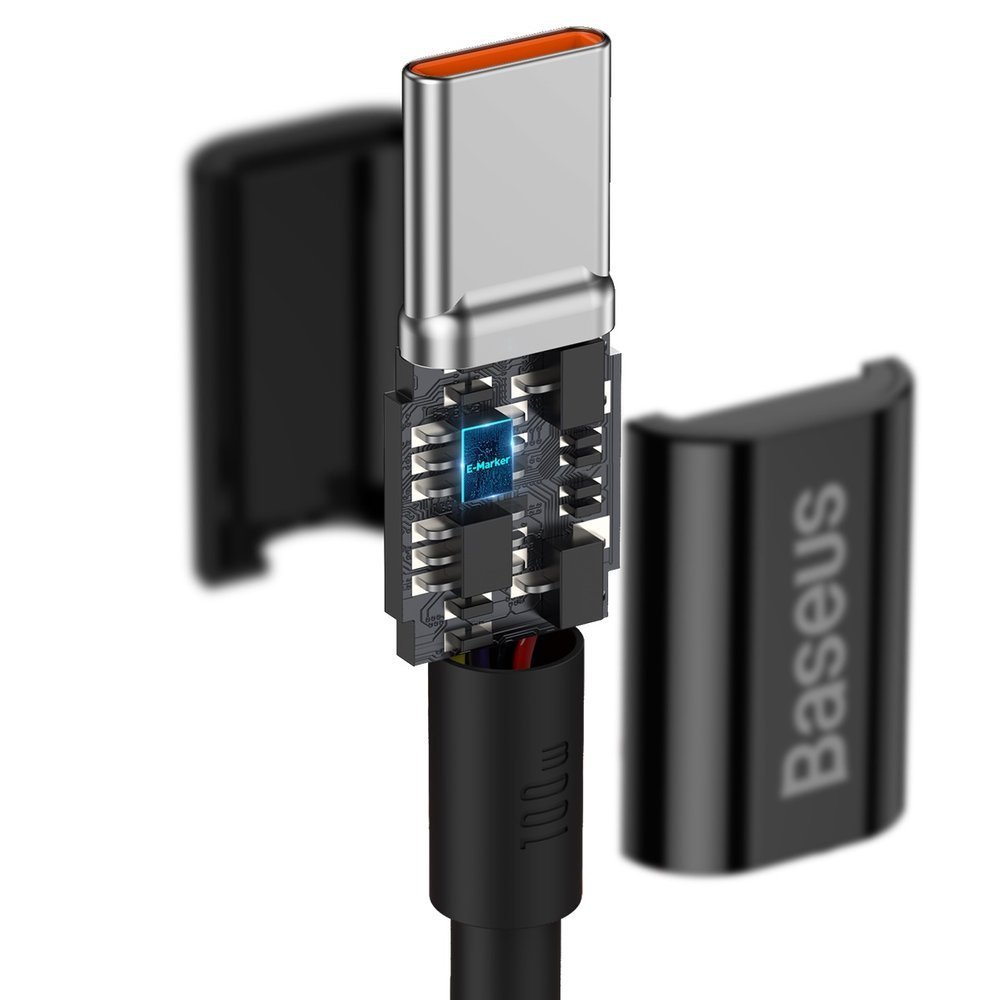 Kabel USB-C Baseus z wycięciem pokazującym wewnętrzne elementy. Złącze jest srebrne z pomarańczową końcówką. Widoczny jest czarny korpus kabla.