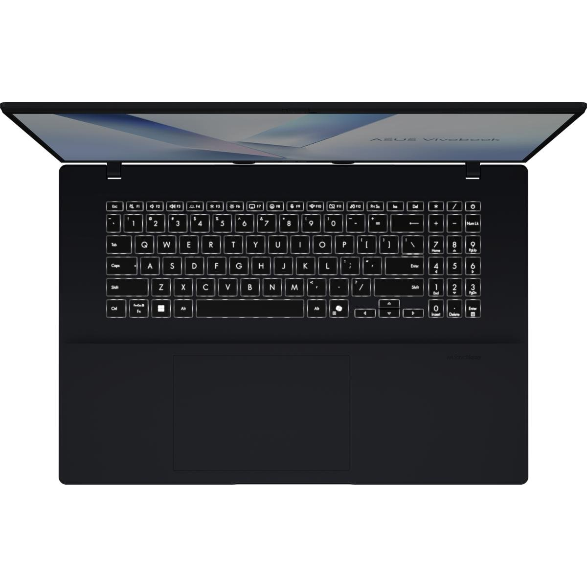 Ein schwarzer Laptop ist geöffnet und zeigt Tastatur und Bildschirm. Die Tastatur ist beleuchtet. Der Bildschirm zeigt ein helles Muster.