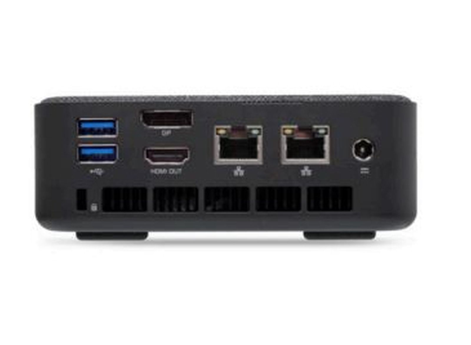 Czarny mini PC z różnymi portami, w tym USB, HDMI i Ethernet. Ma otwory wentylacyjne na dole.