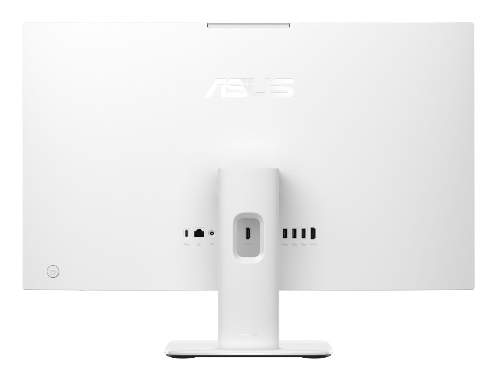 Rückansicht eines weißen ASUS All-in-One-Computers. Anschlüsse, USB, Ein/Aus-Taste und ASUS-Logo sind sichtbar.