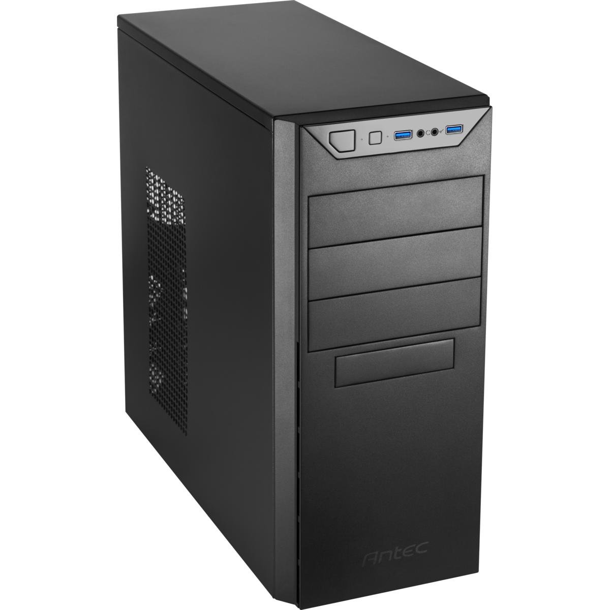 Ein schwarzes Antec-Computergehäuse. Die Vorderseite hat Schlitze und Knöpfe, mit dem Markenlogo unten. An der Seite befindet sich ein Maschenbelüftung.