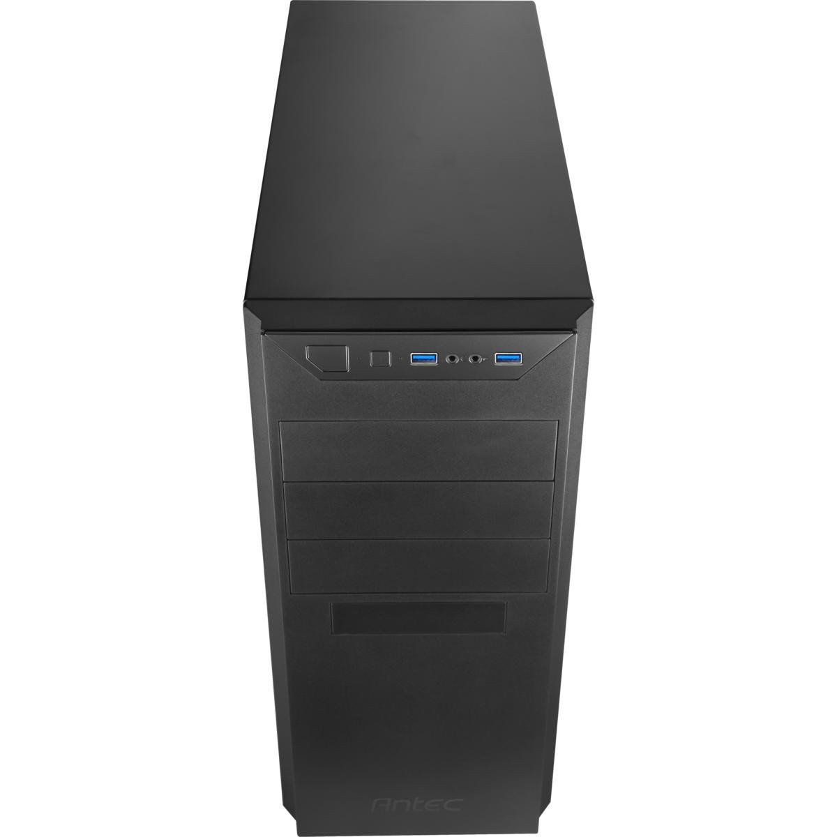 Ein schwarzes Computergehäuse mit rechteckigem Design. Es hat einen Einschaltknopf, USB-Anschlüsse und den Markennamen Antec.