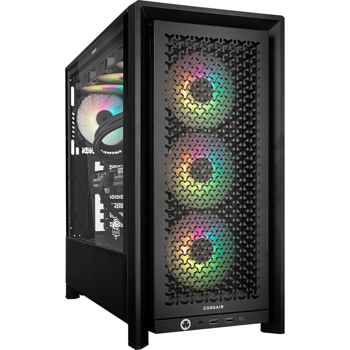 Ein schwarzes Computergehäuse mit Glasseitenwand, die interne Komponenten und RGB-Lüfter zeigt. Die Frontplatte hat ein Mesh-Design und das Corsair-Logo.