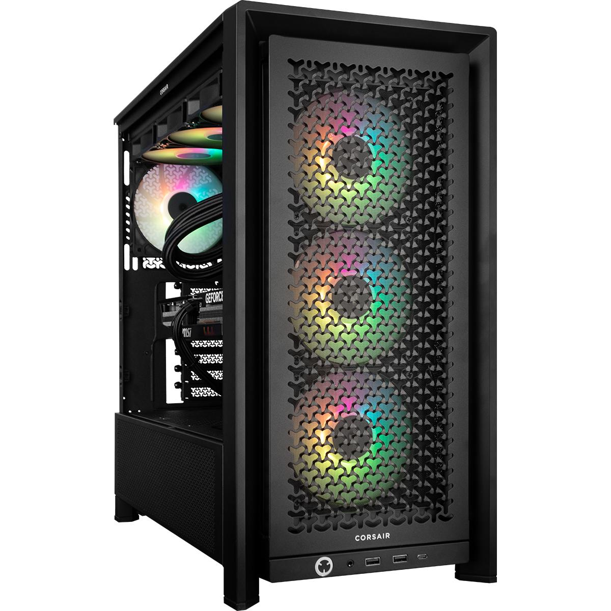 Schwarzes PC-Gehäuse mit Regenbogenfarbenen Lüftern. Corsair-Logo unten. Innere Komponenten, einschließlich Grafikkarte, sind sichtbar.