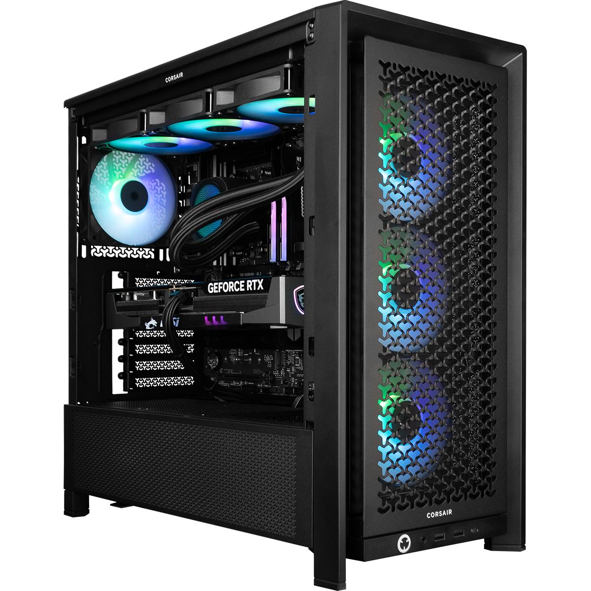 Ein schwarzer Computer-Tower mit Glas-Seitenwand, die Komponenten wie Lüfter, Grafikkarte und CPU-Kühler mit RGB-Beleuchtung zeigt.
