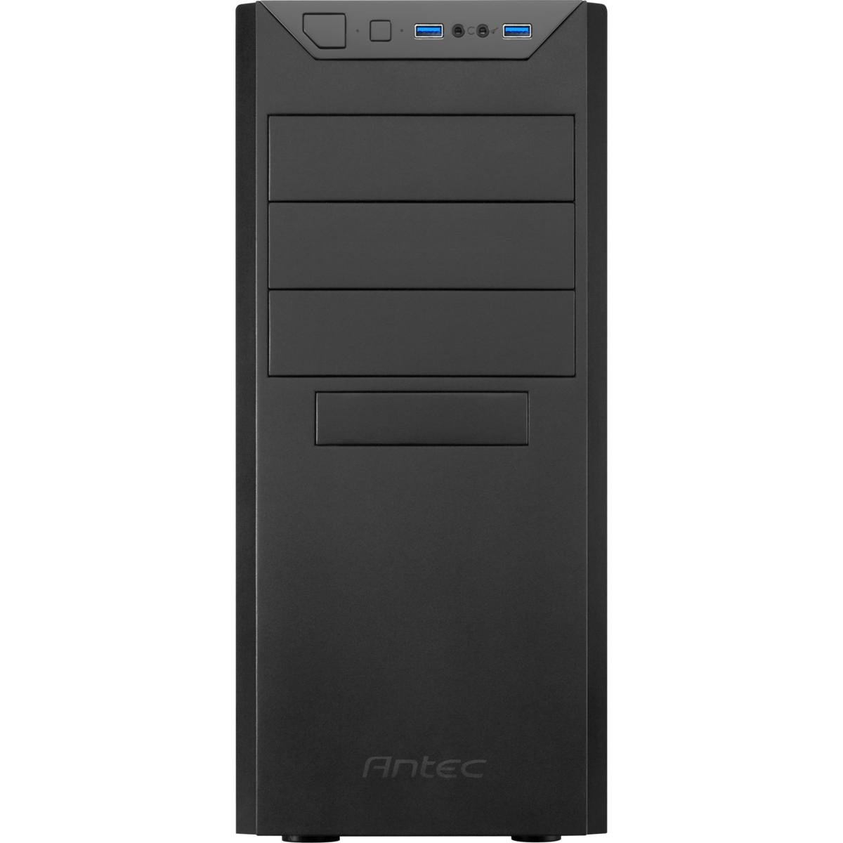 Ein schwarzes Computergehäuse mit mehreren Laufwerksschächten und Anschlüssen an der Vorderseite. Das Antec-Logo befindet sich unten.