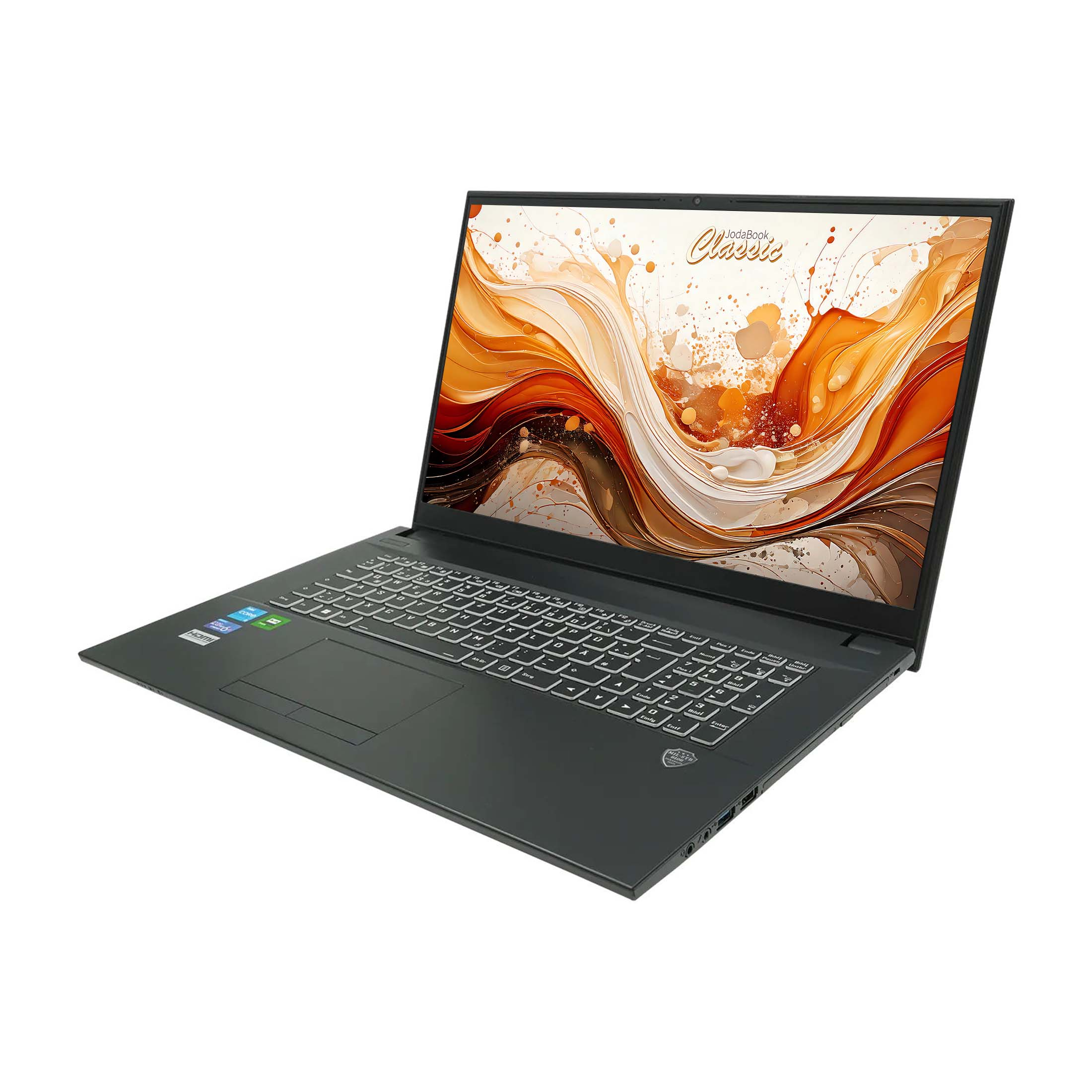 Ein Laptop mit großem Bildschirm zeigt ein abstraktes orange-weißes Design. Die Tastatur ist sichtbar, und das Gerät ist abgewinkelt.