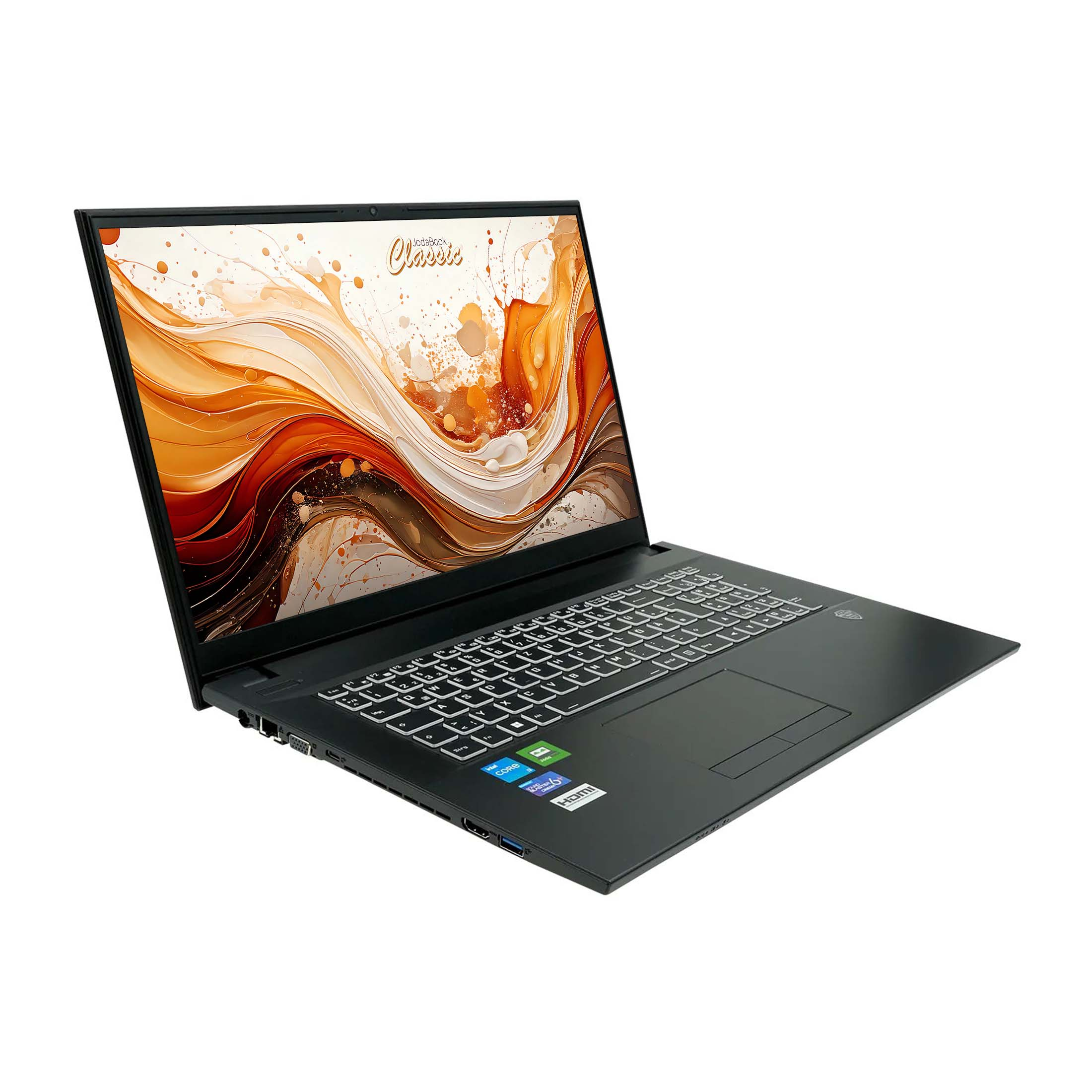 Schwarzer Laptop mit weißer Tastatur und farbenfrohem Bildschirm. Das Display zeigt orangefarbene und braune abstrakte Kunst.