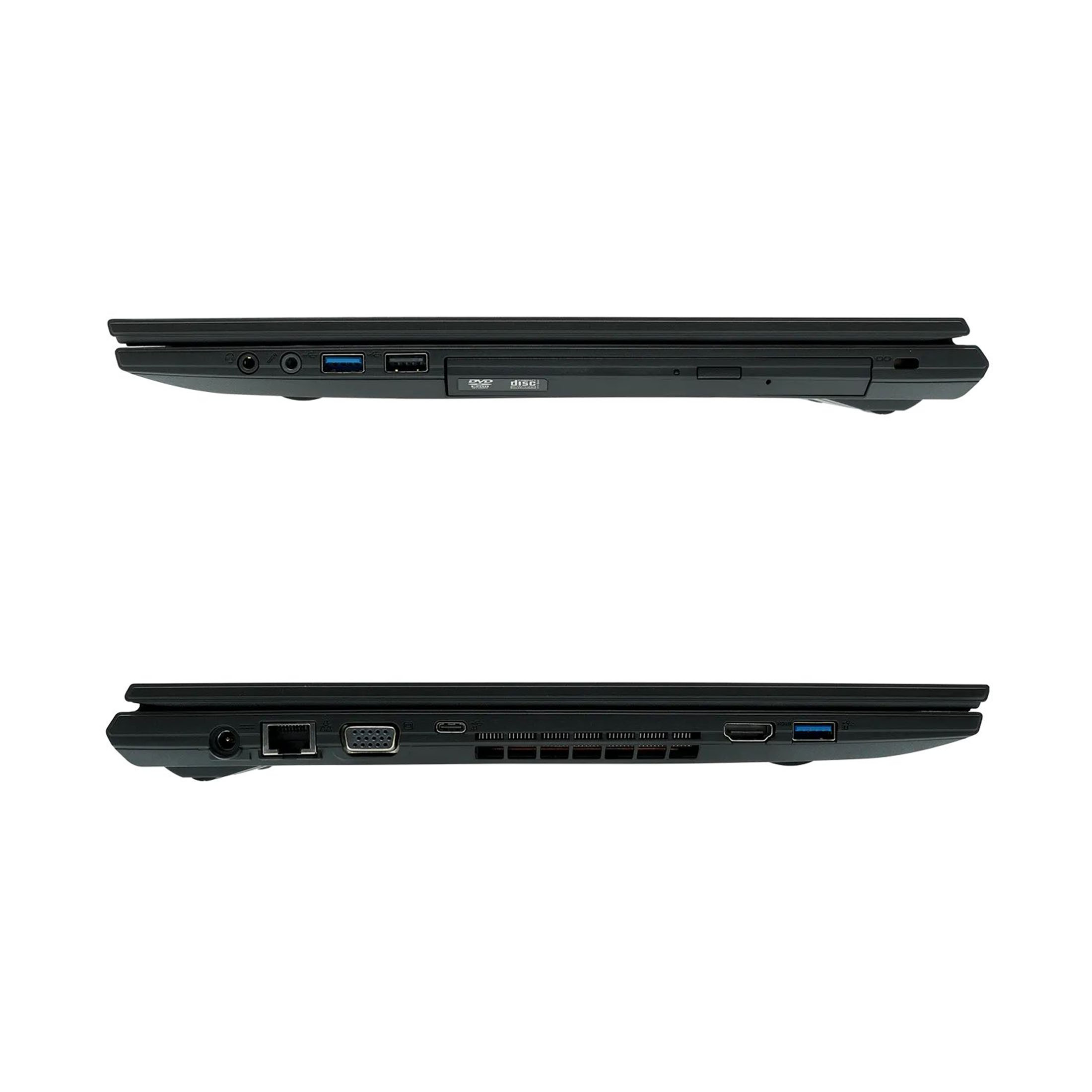 Zwei schwarze Laptops, Seitenansicht. Der obere Laptop zeigt Anschlüsse und ein DVD-Laufwerk. Der untere Laptop zeigt verschiedene Anschlüsse.