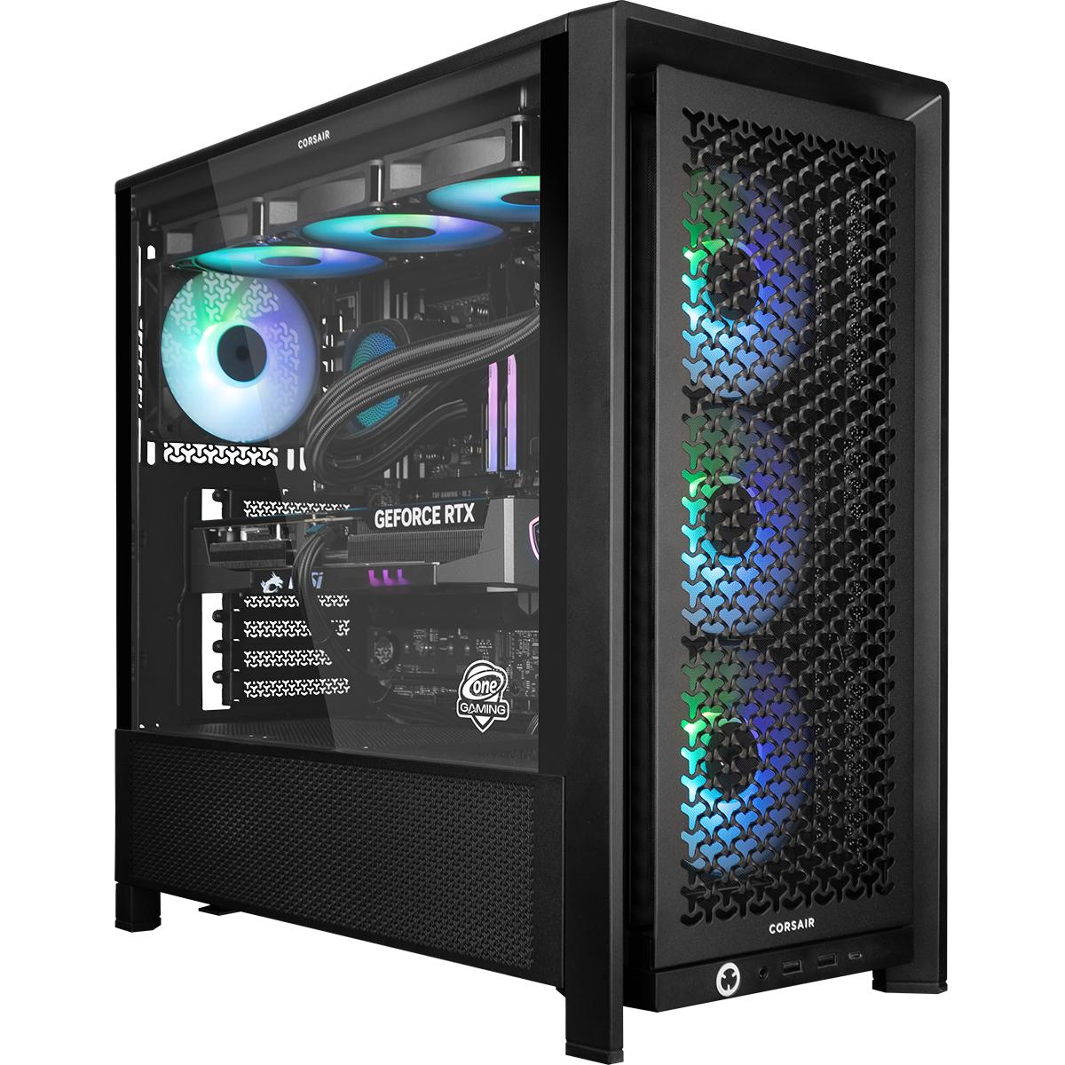 Ein schwarzes Computergehäuse mit einer Glas-Seitenwand. Innen sind eine GeForce RTX Grafikkarte und bunte Lüfter zu sehen.