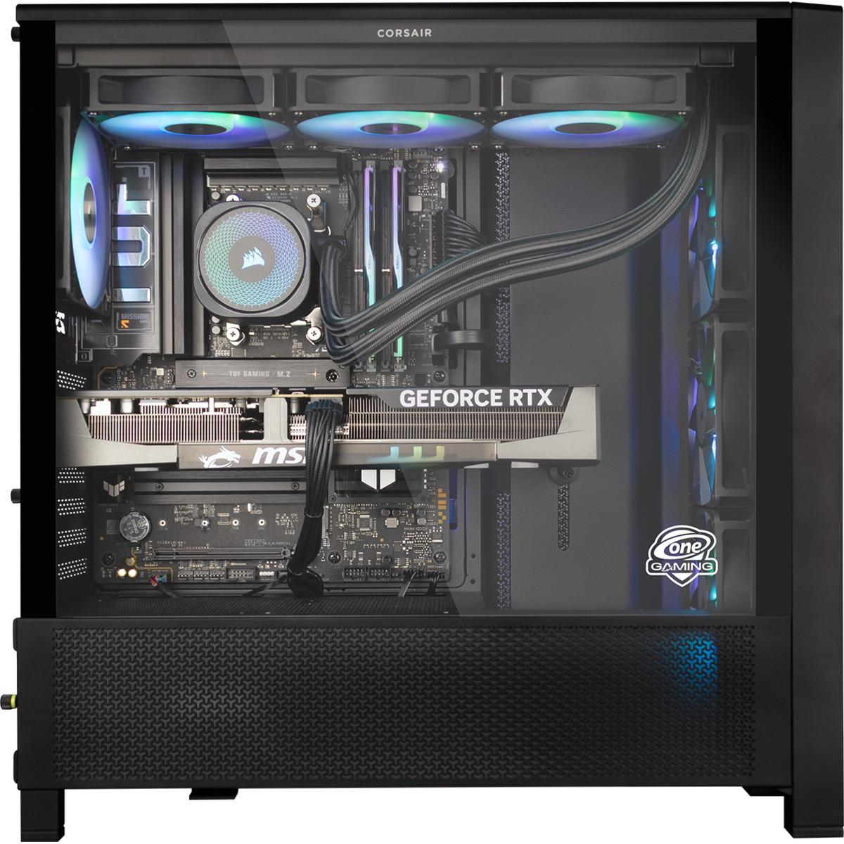 Ein Computergehäuse mit sichtbaren Komponenten: CPU-Kühler, Grafikkarte, Lüfter und Motherboard. Das Gehäuse ist schwarz mit Glasseitenwand.