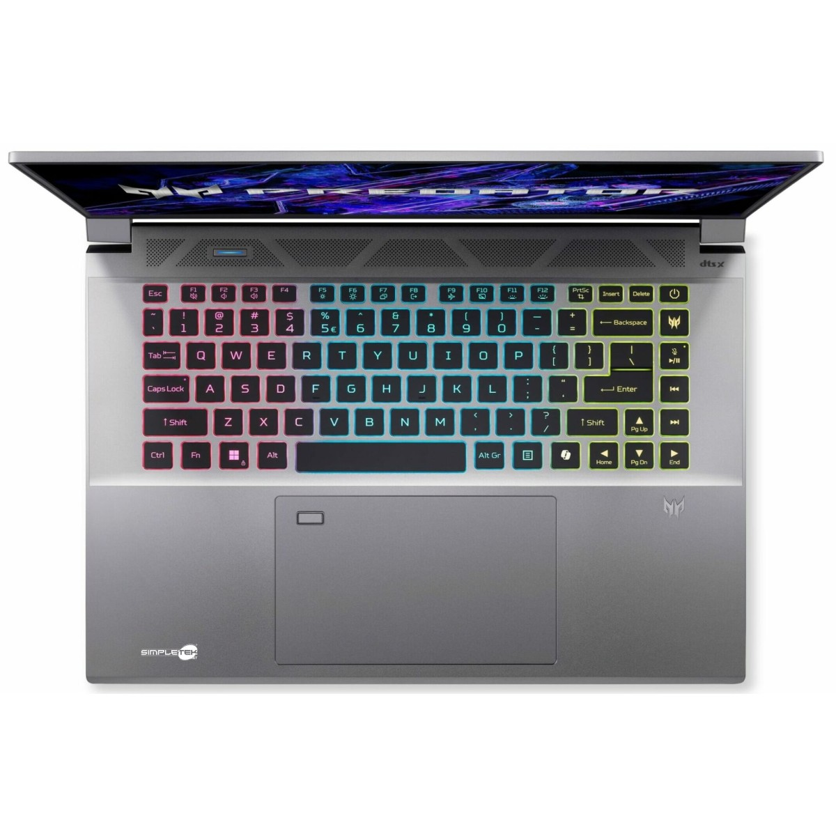 Laptop aperto, tastiera illuminata a colori, touchpad, schermo visibile, corpo grigio.