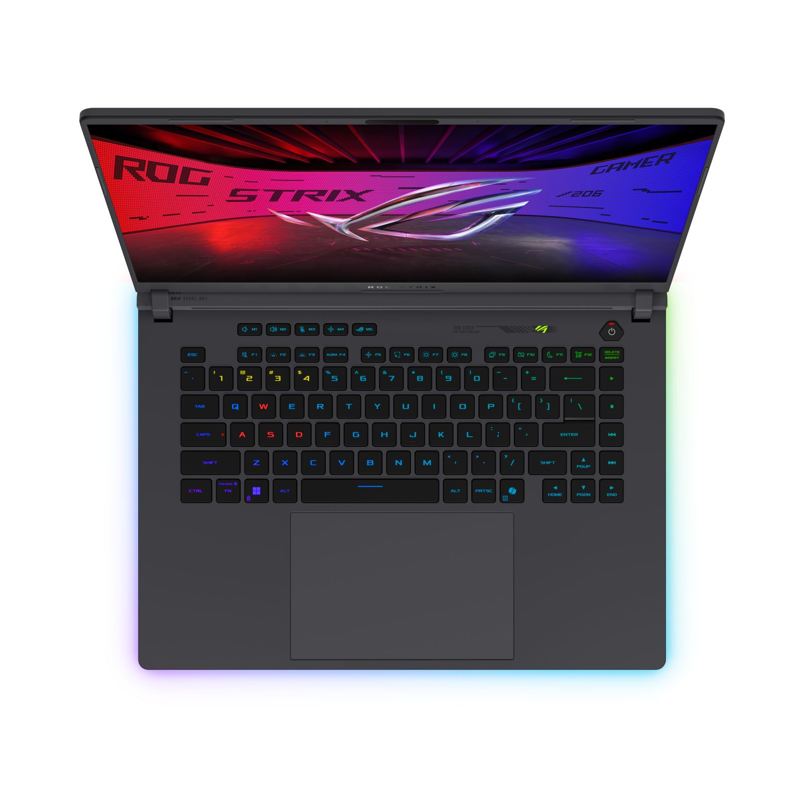 Ein dunkelgrauer Laptop ist geöffnet und zeigt Tastatur und Bildschirm. Die Tasten sind farbig beleuchtet.