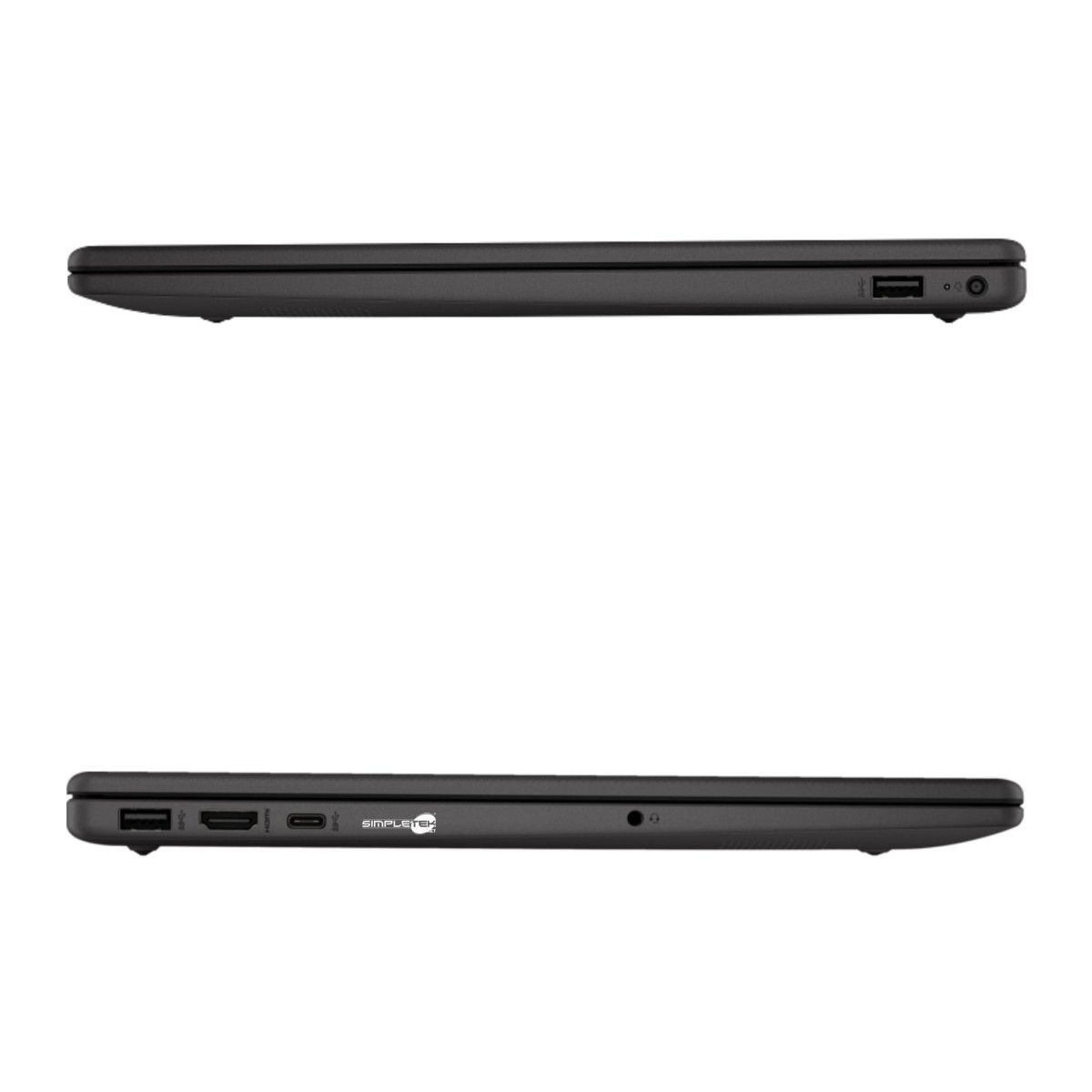 Due viste laterali di un laptop nero. La vista dall'alto mostra una porta USB e una porta di alimentazione. La vista dal basso mostra più porte e il logo 'SIMPLETEK'.
