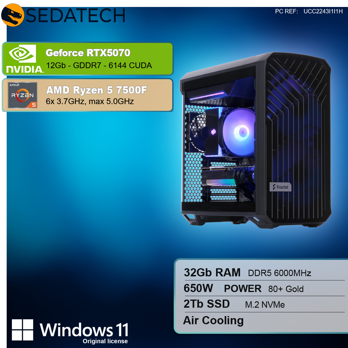 Un case nero per computer con componenti, tra cui un dissipatore CPU con luce blu. Specifiche: RTX5070, Ryzen 5, 32GB RAM.