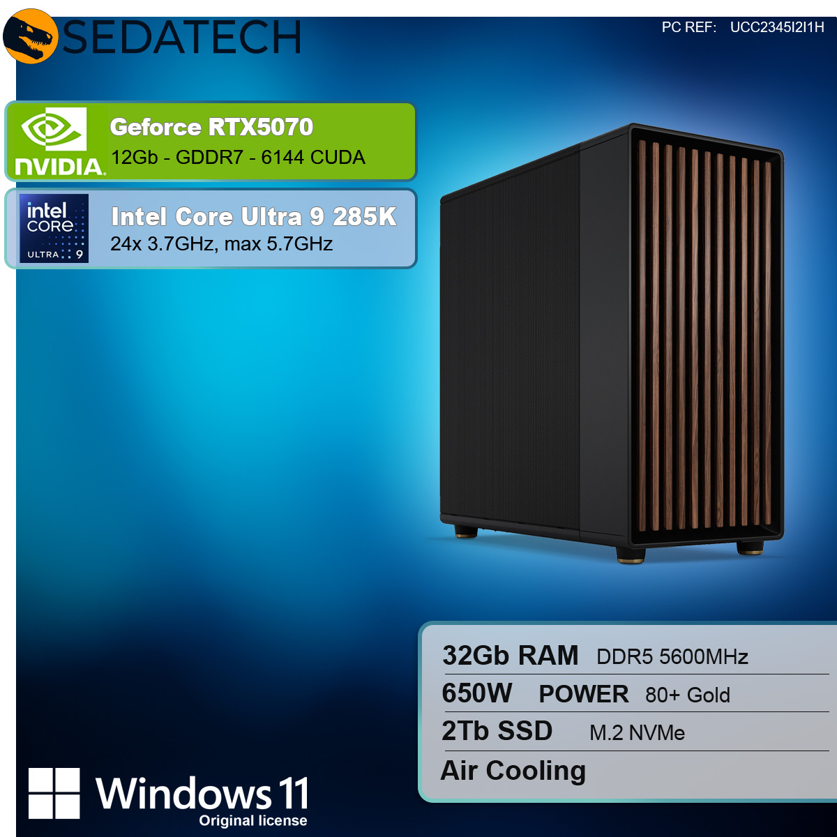 Czarna obudowa komputera z drewnianymi akcentami. Specyfikacje: RTX5070, Intel Core Ultra 9, 32GB RAM, 2TB SSD i Windows 11.