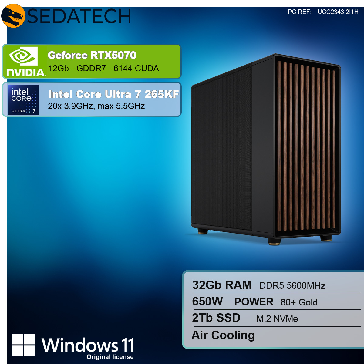 Ein schwarzes Computergehäuse mit Holzakzenten. Spezifikationen: RTX5070, Intel Core Ultra 7, 32 GB RAM, 2 TB SSD und Windows 11.