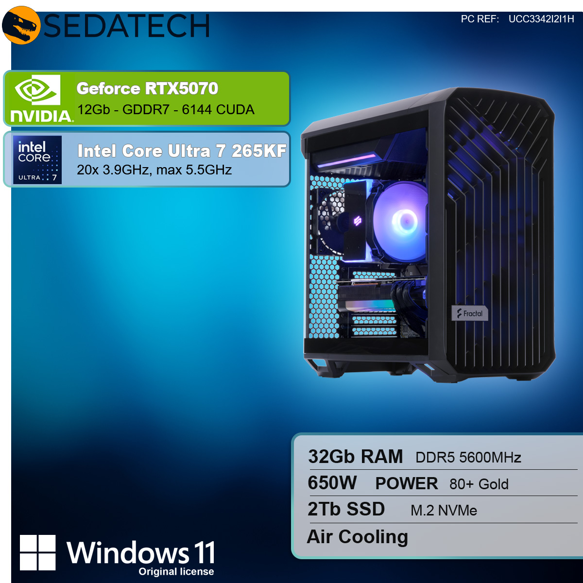 Ein Computergehäuse mit aufgelisteten Spezifikationen. Es hat eine GeForce RTX 5070, Intel Core Ultra 7, 32GB RAM und Windows 11.