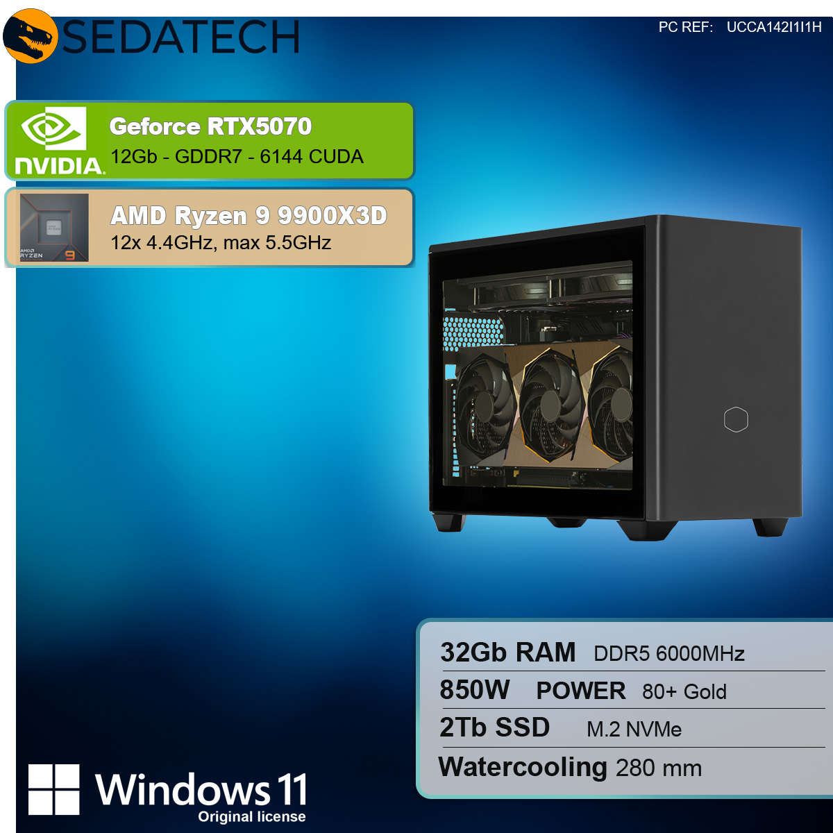 Un case nero per computer con componenti visibili. Specifiche: RTX5070, Ryzen 9, 32GB RAM, alimentatore 850W, SSD 2TB e raffreddamento a liquido.