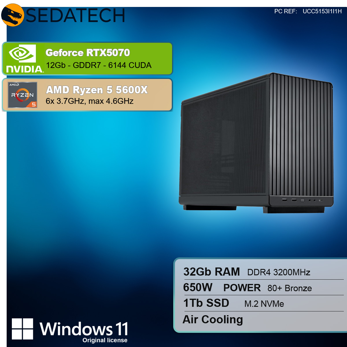 Ein schwarzes PC-Gehäuse mit aufgelisteten Spezifikationen. Enthält GeForce RTX 5070, AMD Ryzen 5 5600X, 32GB RAM, 1TB SSD und Windows 11.