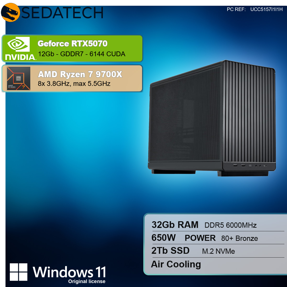 Un case nero con specifiche hardware, tra cui GeForce RTX5070 e AMD Ryzen 7 9700X, su sfondo sfumato blu.