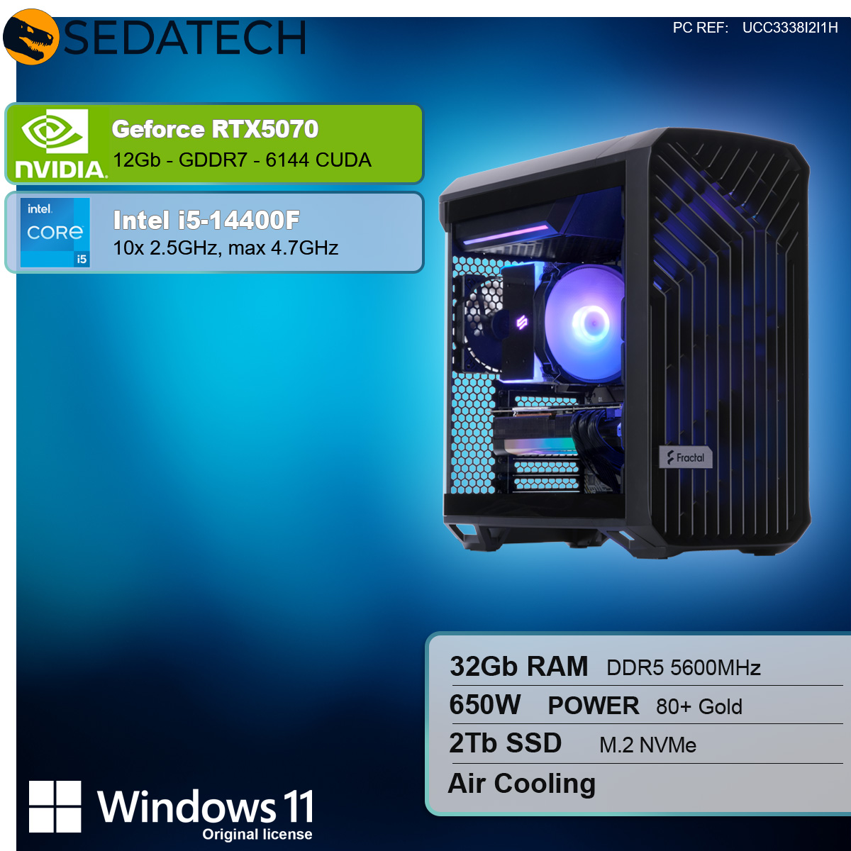 Viene visualizzato un case di computer con componenti. I dettagli includono Geforce RTX5070, Intel i5-14400F, Windows 11 e specifiche di RAM, alimentazione e archiviazione.