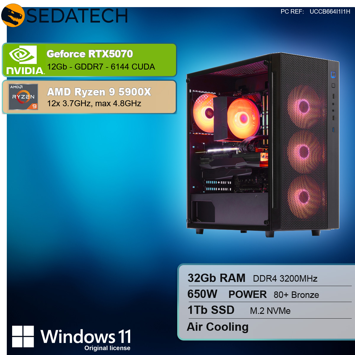 Wieża komputera z czerwonymi wentylatorami jest wystawiona. Specyfikacje obejmują RTX5070, Ryzen 9, 32 GB RAM, 1 TB SSD i Windows 11.