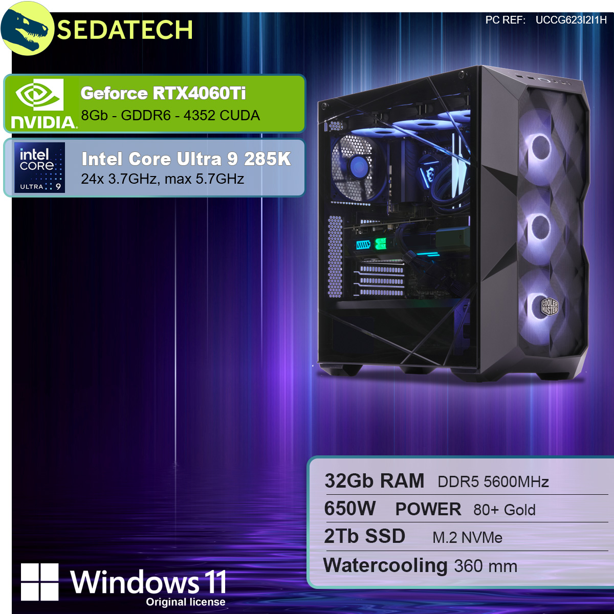 Obudowa komputera ze światłami, specyfikacjami i komponentami. Zawiera marki Nvidia, Intel i Windows 11.