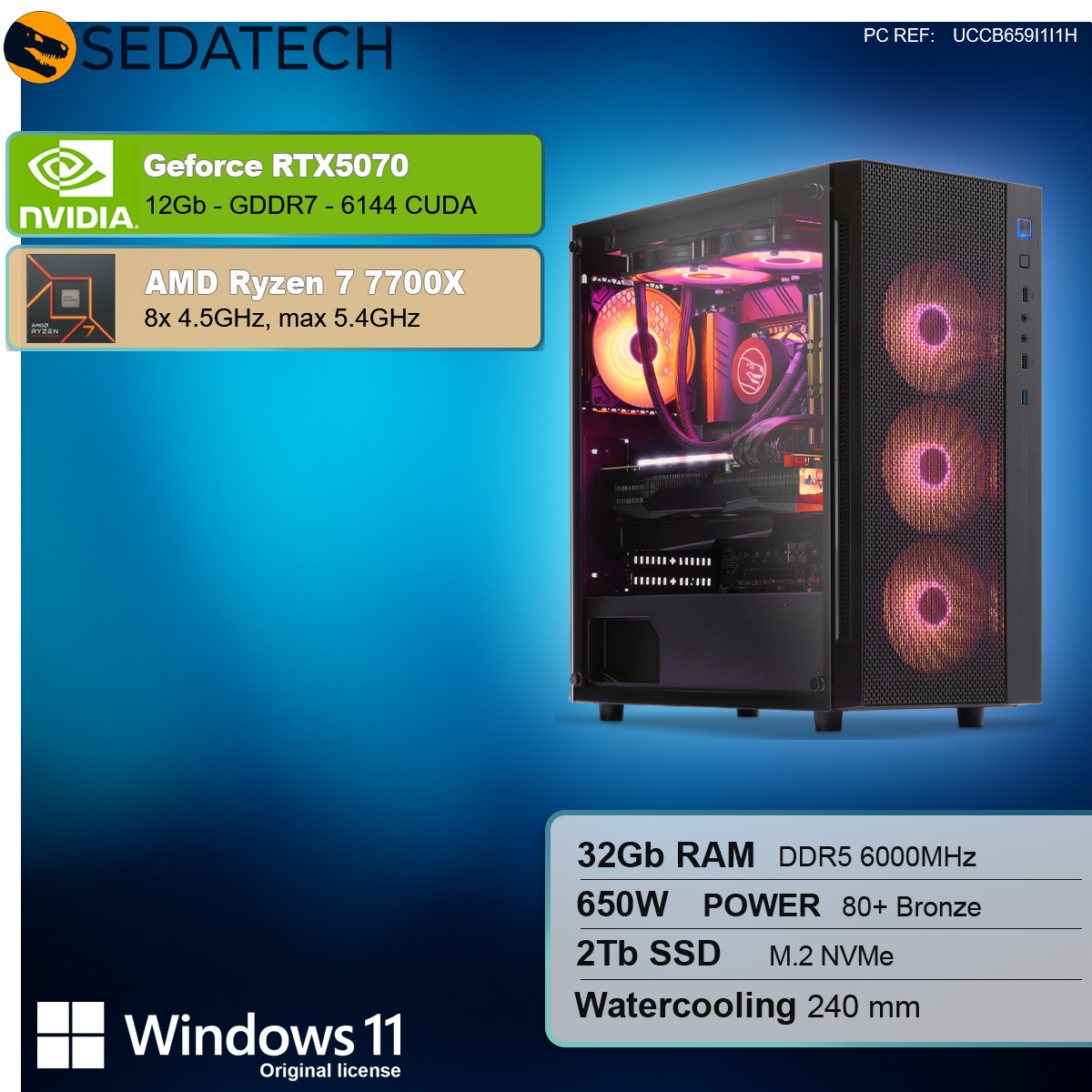 Un case per computer nero con luci colorate. Il testo include Nvidia, AMD Ryzen, Windows 11 e le specifiche dei componenti.