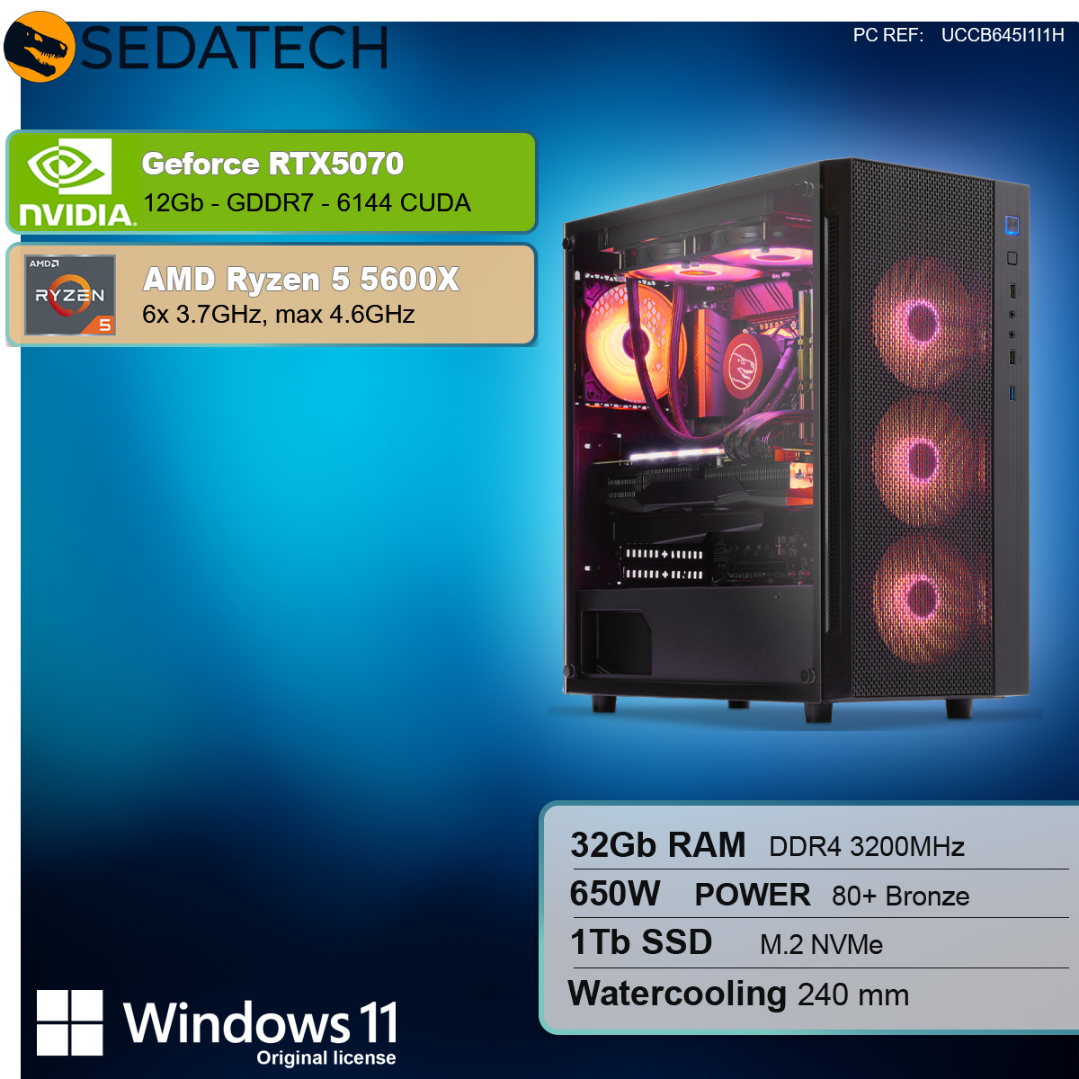 Un case per PC con ventole luminose. Le specifiche includono RTX 5070, Ryzen 5 5600X, 32 GB RAM, 650 W di alimentazione e 1 TB SSD, watercooling.