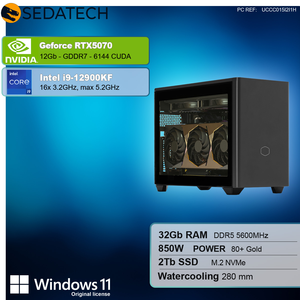 Un case per computer nero con componenti, tra cui una scheda grafica, e dettagli sulle specifiche come CPU, RAM e memoria.