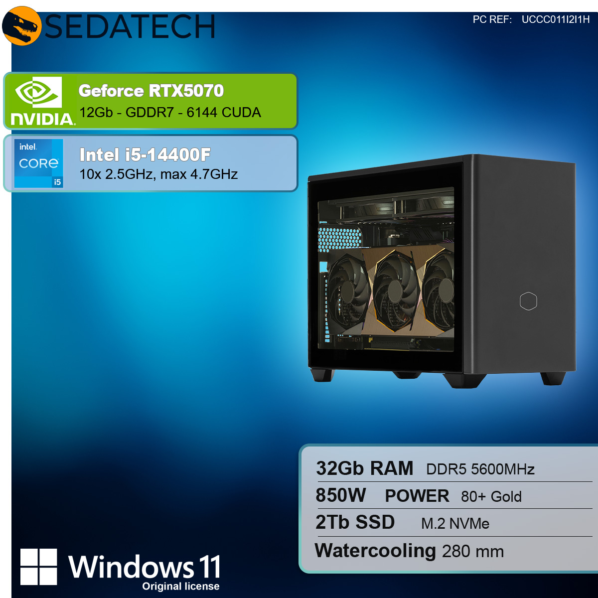 Un case per PC con pannello laterale in vetro, che mostra i componenti interni. Le specifiche includono RTX 5070, Intel i5 e Windows 11.