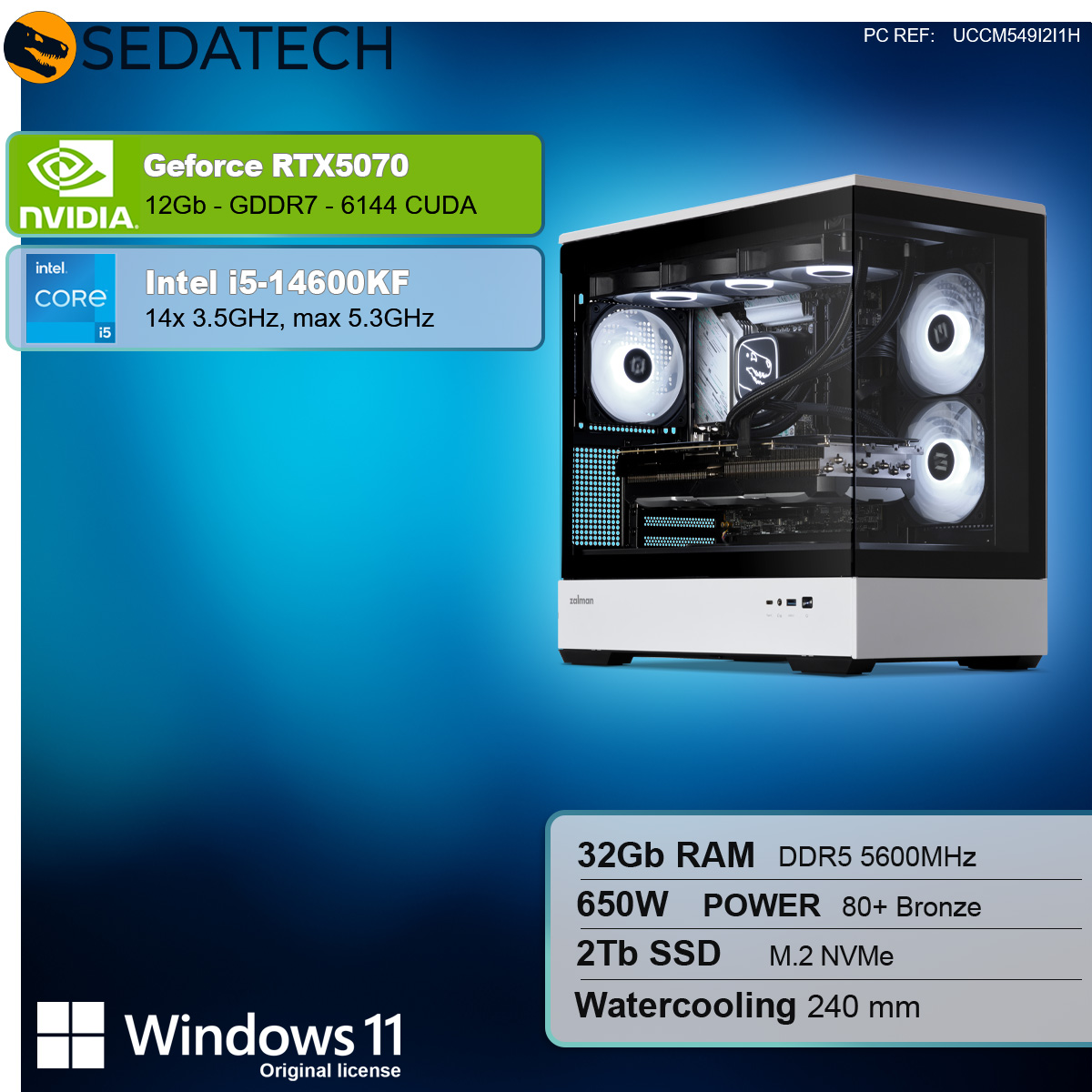 Pokazano obudowę komputera z komponentami. Specyfikacje obejmują GeForce RTX5070, Intel i5, 32 GB RAM, zasilanie 650 W i 2 TB SSD.