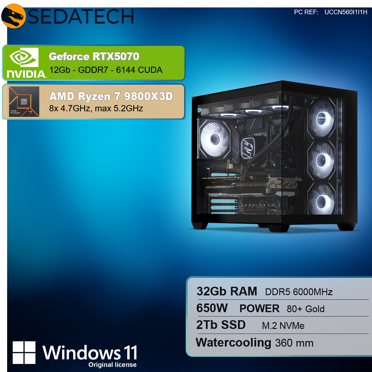 Un case per PC con pannello in vetro, componenti all'interno. Il testo mostra le specifiche di scheda grafica, processore, RAM, alimentatore e archiviazione.