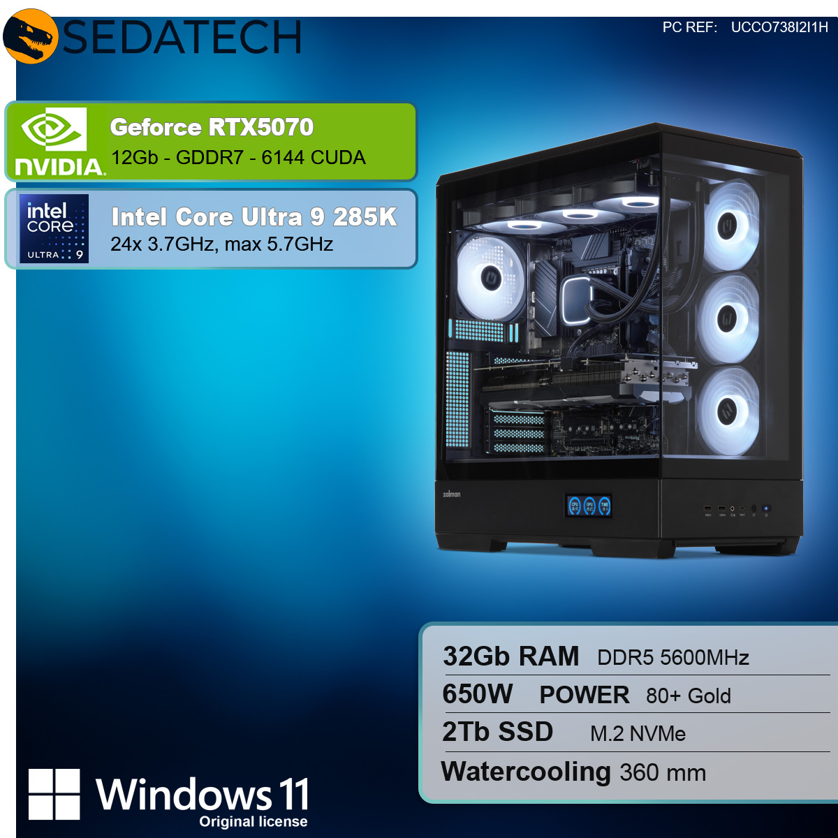 Czarna obudowa komputera z widocznymi komponentami. Zawiera GeForce RTX5070, Intel Core Ultra 9 i Windows 11.