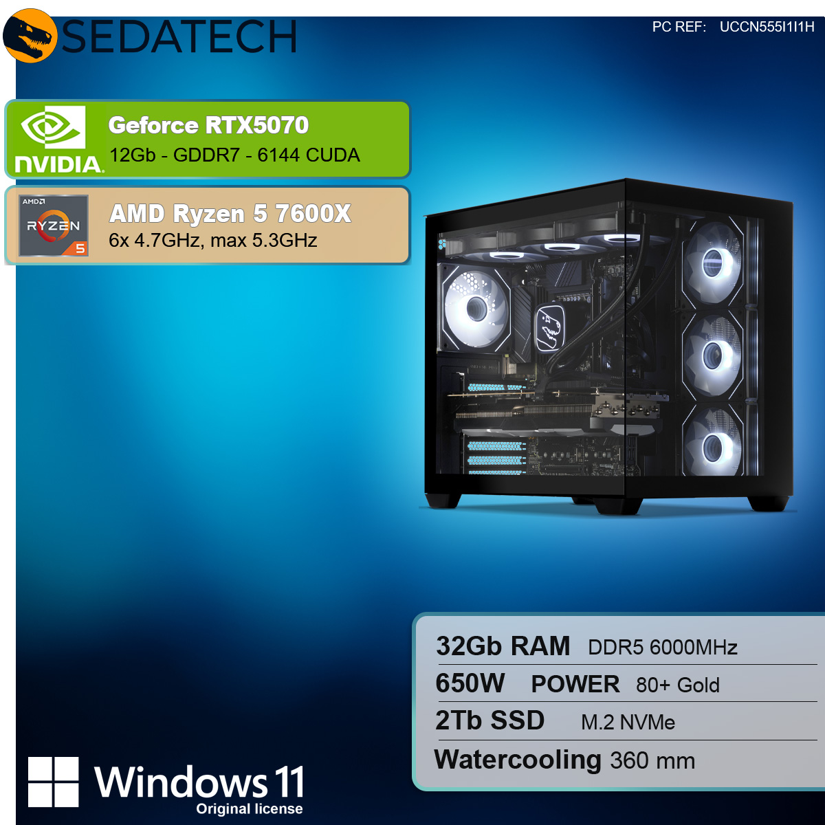 Czarny komputer gamingowy z widocznymi komponentami podświetlonymi białymi diodami LED. Gradientowe niebieskie tło z informacjami o produkcie i logo Windows 11.