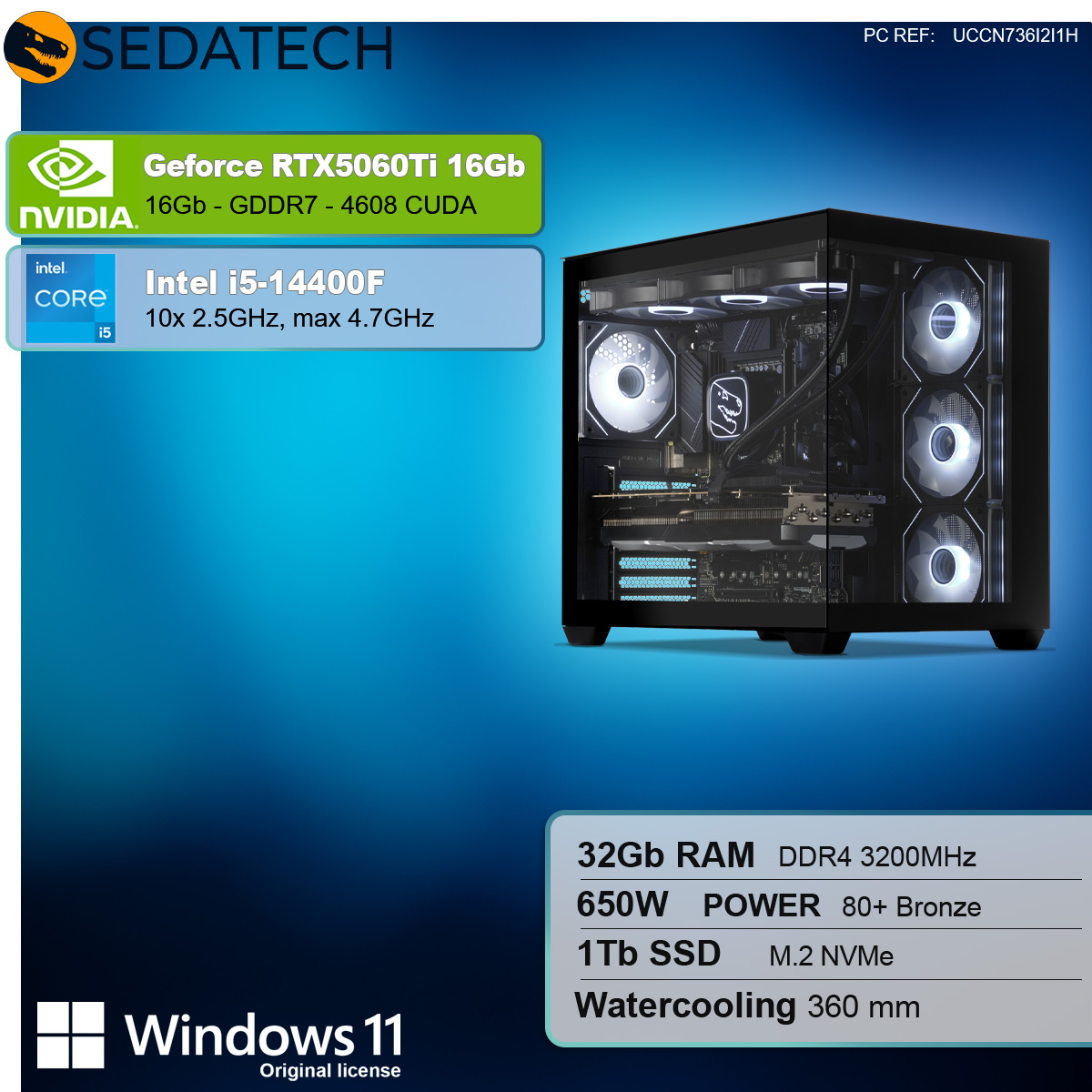 Czarny komputer gamingowy z widocznymi komponentami podświetlonymi białymi diodami LED. Gradientowe niebieskie tło z informacjami o produkcie i logo Windows 11.