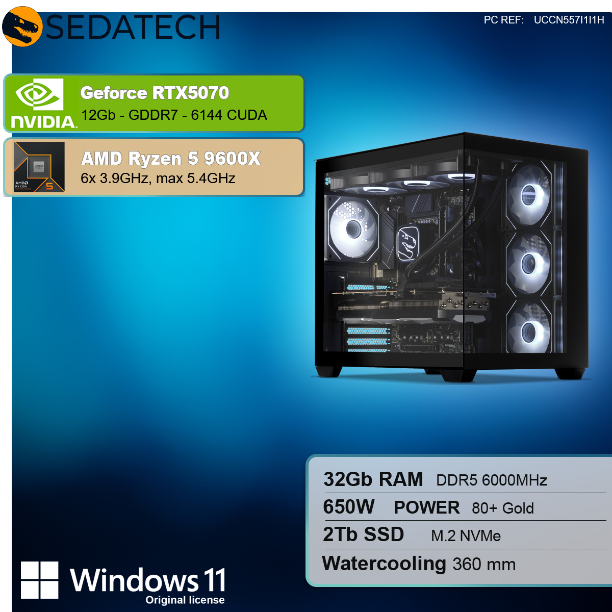 Ein schwarzer Gaming-PC mit sichtbaren Komponenten, beleuchtet durch weiße LEDs. Blauer Farbverlauf im Hintergrund mit Produktinformationen und Windows 11-Logo.