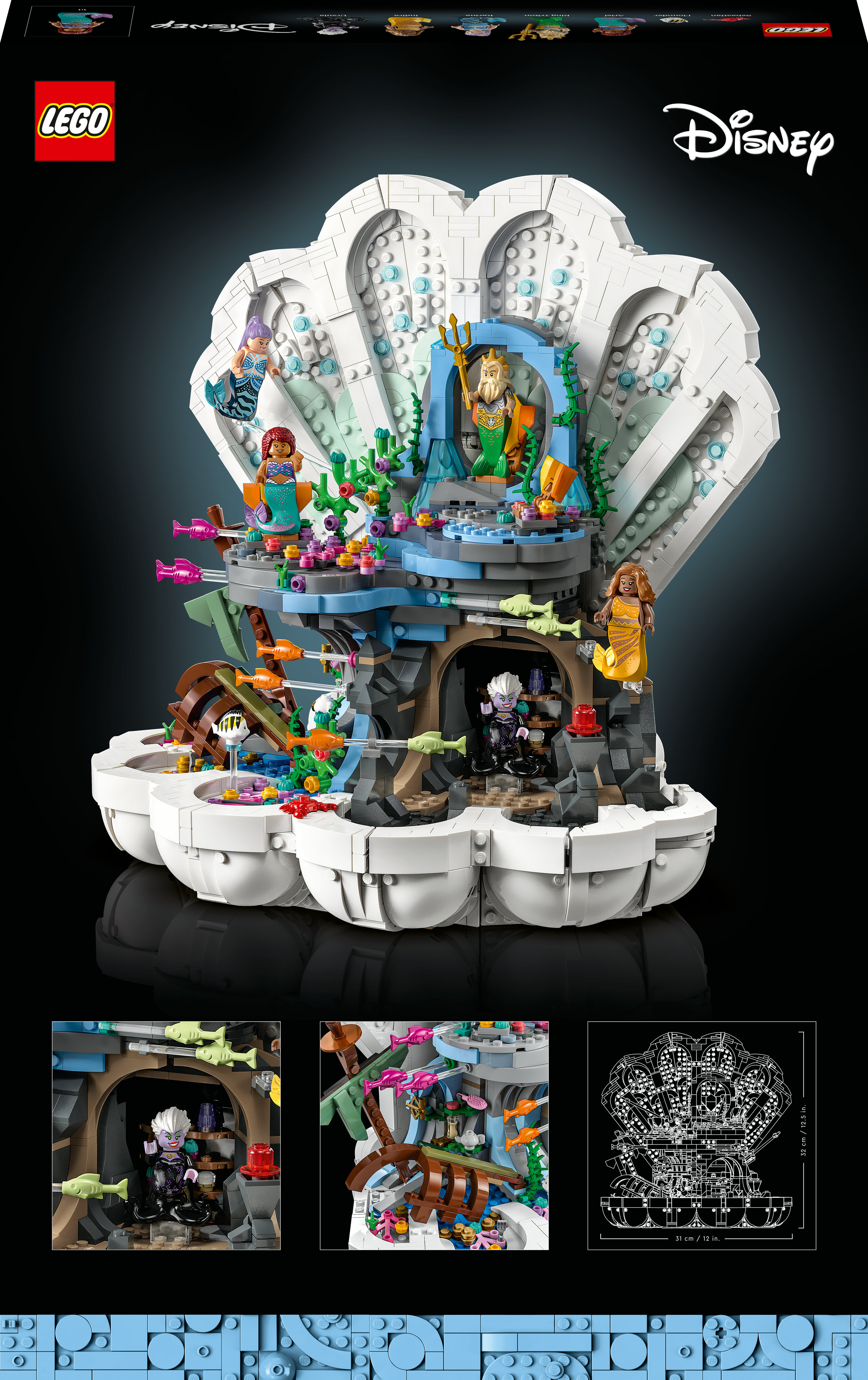 Lego doos met een schelpstructuur met zeemeerminnen en personages van De Kleine Zeemeermin.